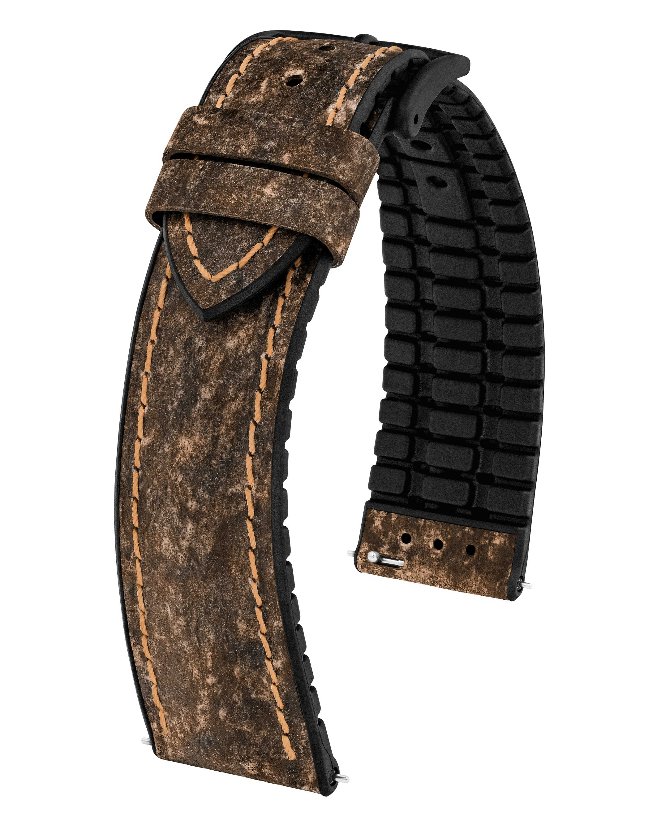 Braunes Uhrenarmband mit orangen Nähten. Kombiniert braunes Leder mit schwarzem Ziegelmuster.