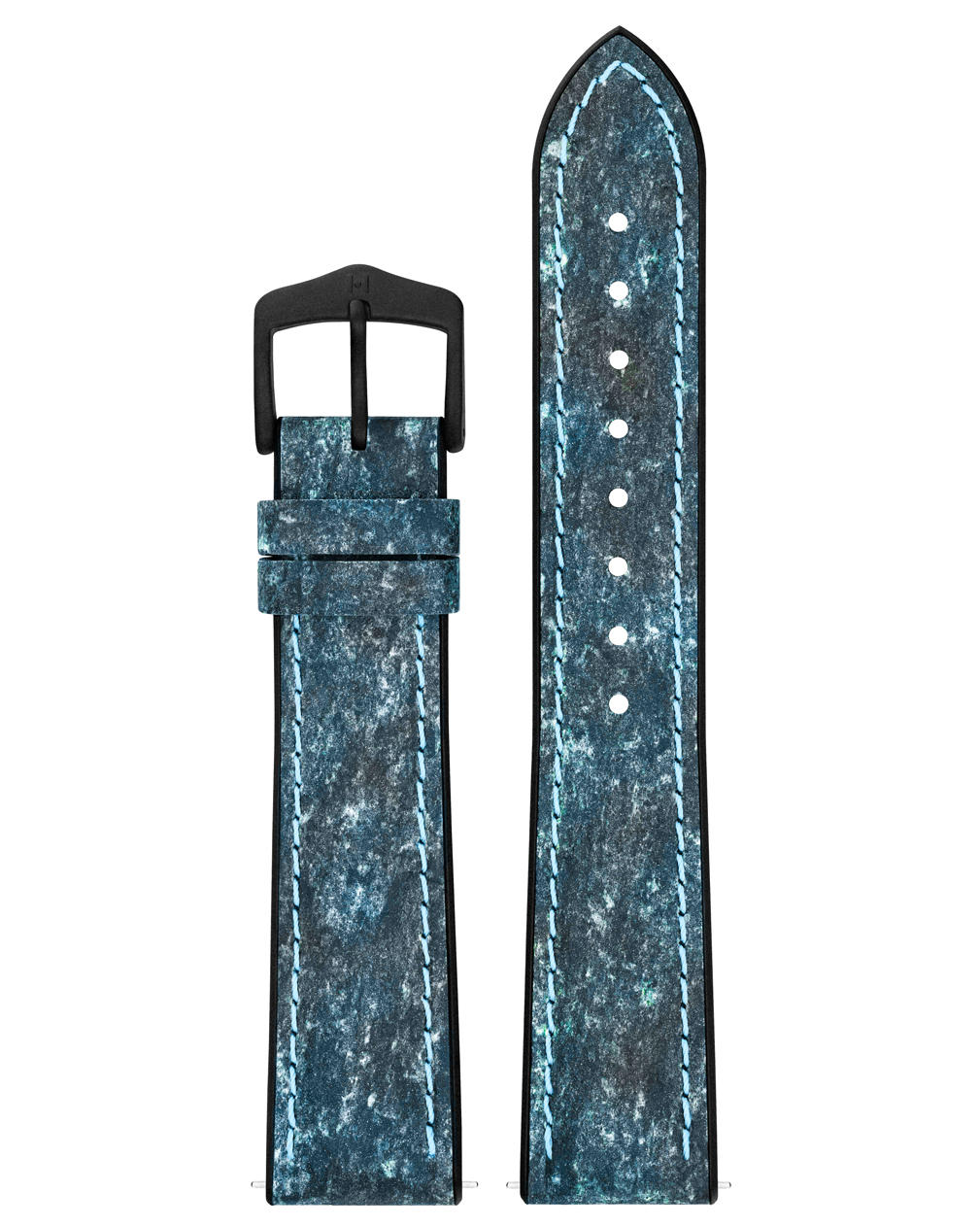 Blaues Uhrenarmband mit hellblauen Nähten. Die Schnalle ist schwarz. Hat ein strukturiertes Muster.