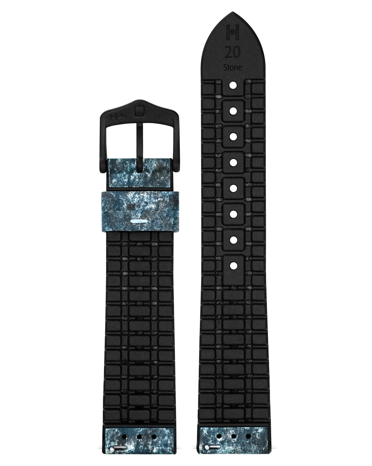 Blaues Uhrenarmband mit schwarzer Schnalle. Kombiniert strukturiertes blaues Leder mit Ziegelmuster.