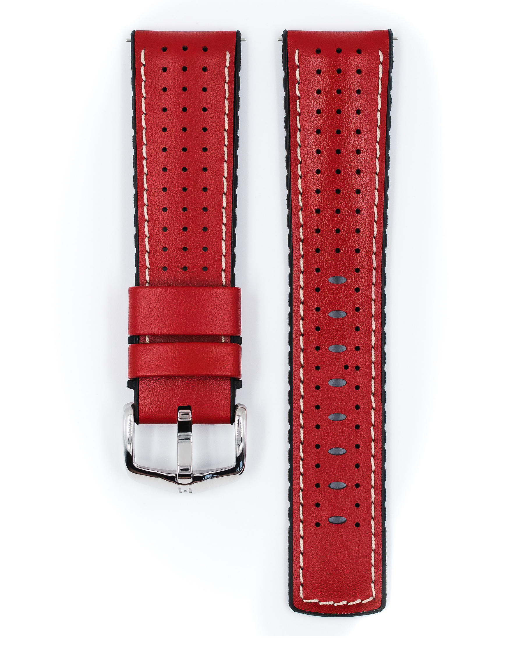 Rotes Uhrenarmband mit weißen Nähten und Perforationen. Die Schnalle ist silber. Zwei Teile.