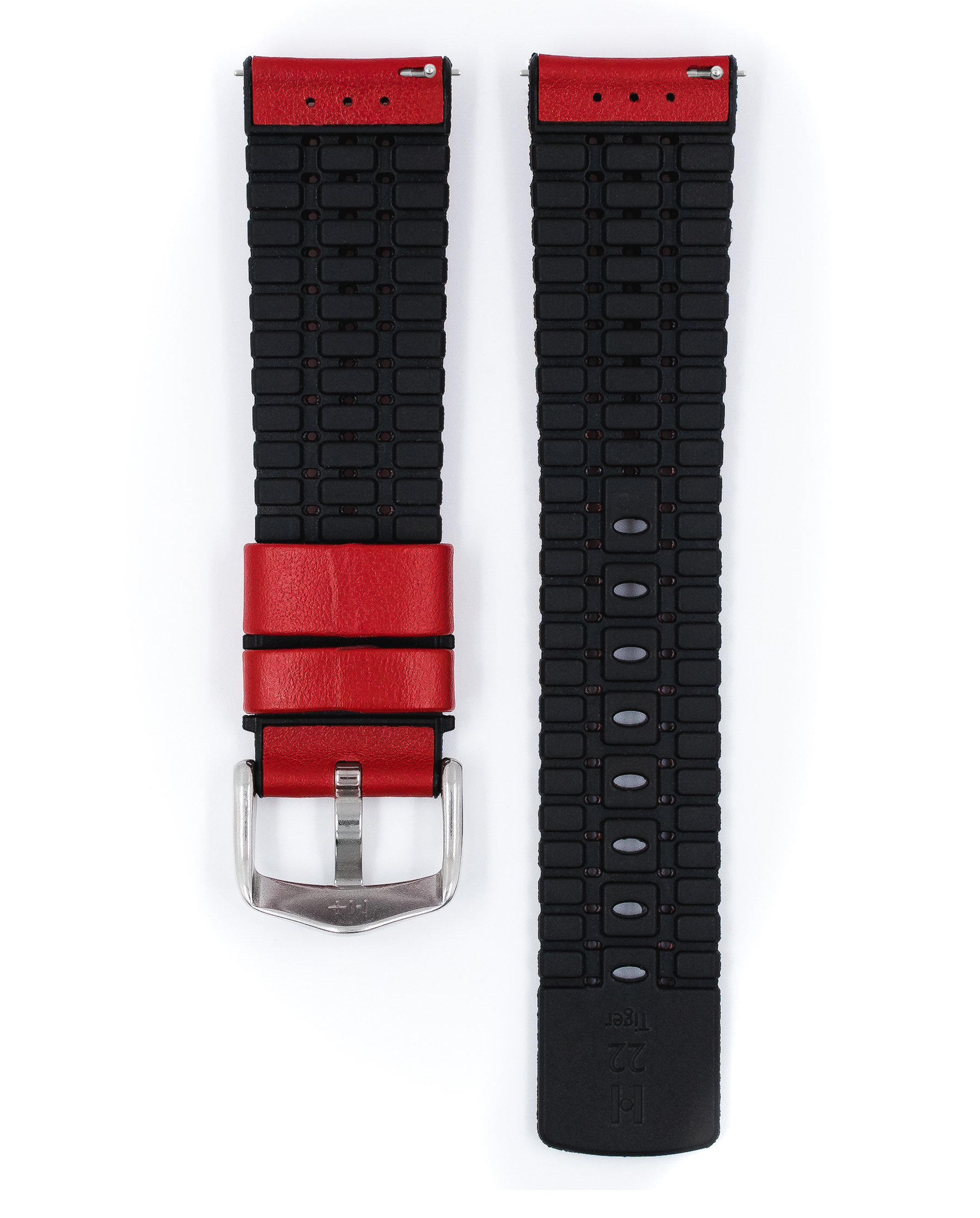 Rotes und schwarzes Uhrenarmband. Das Rot hat Perforationen. Der schwarze Teil hat Ziegelmuster.