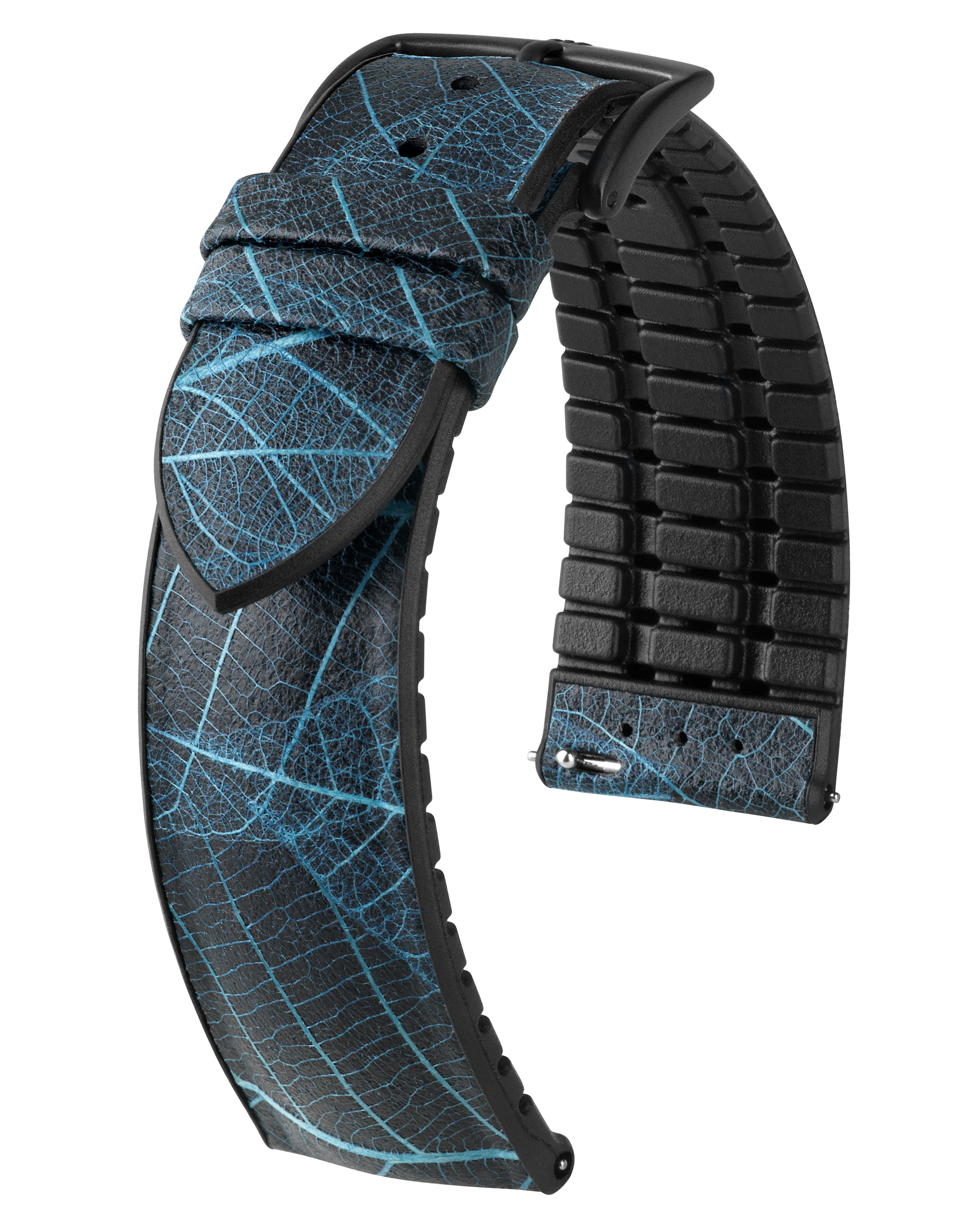 Ein schwarzes Uhrenarmband mit blauem Blättermuster. Das Armband ist gebogen.