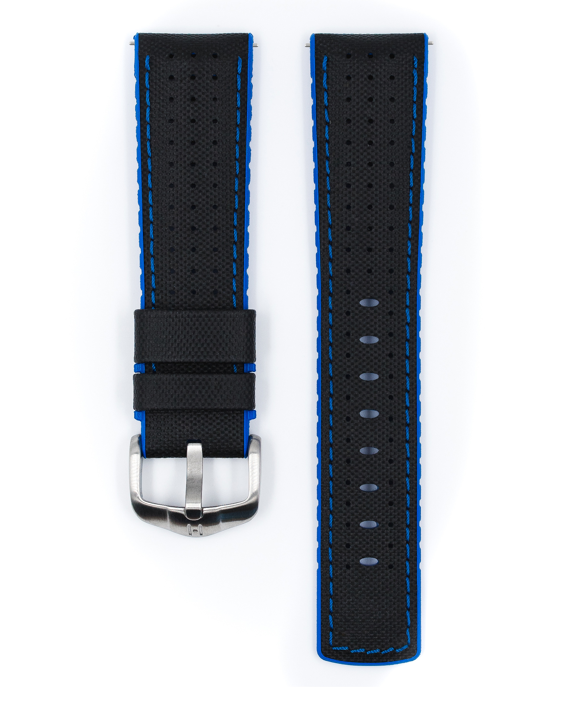 Ein schwarzes Uhrenarmband mit blauen Nähten und einer silbernen Schnalle. Zwei Teile ausgelegt.