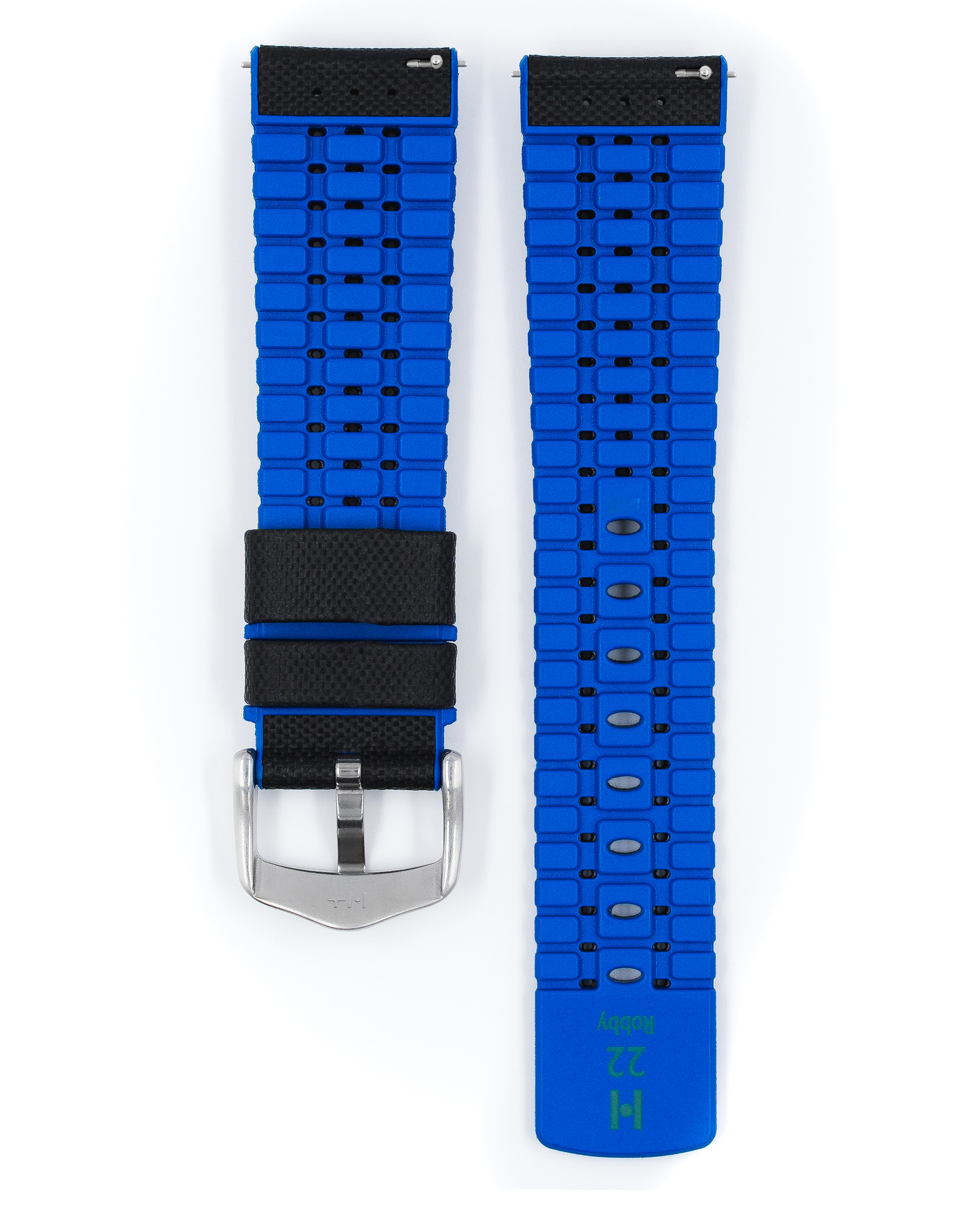 Ein blaues Uhrenarmband mit einem schwarzen Abschnitt und einer silbernen Schnalle. Zwei Teile ausgelegt.