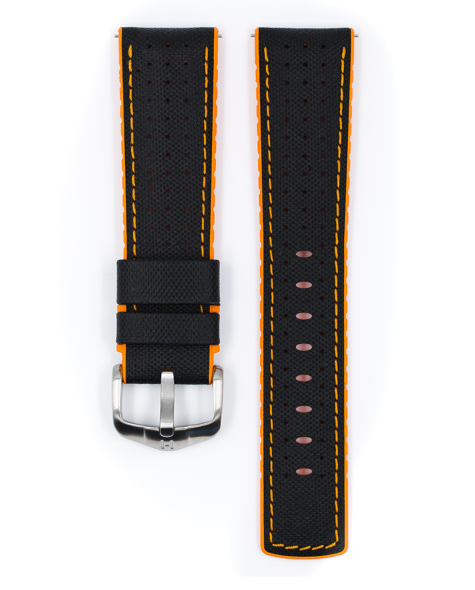 Ein schwarzes Uhrenarmband mit orangefarbenen Nähten und einer silbernen Schnalle. Zwei Teile ausgelegt.