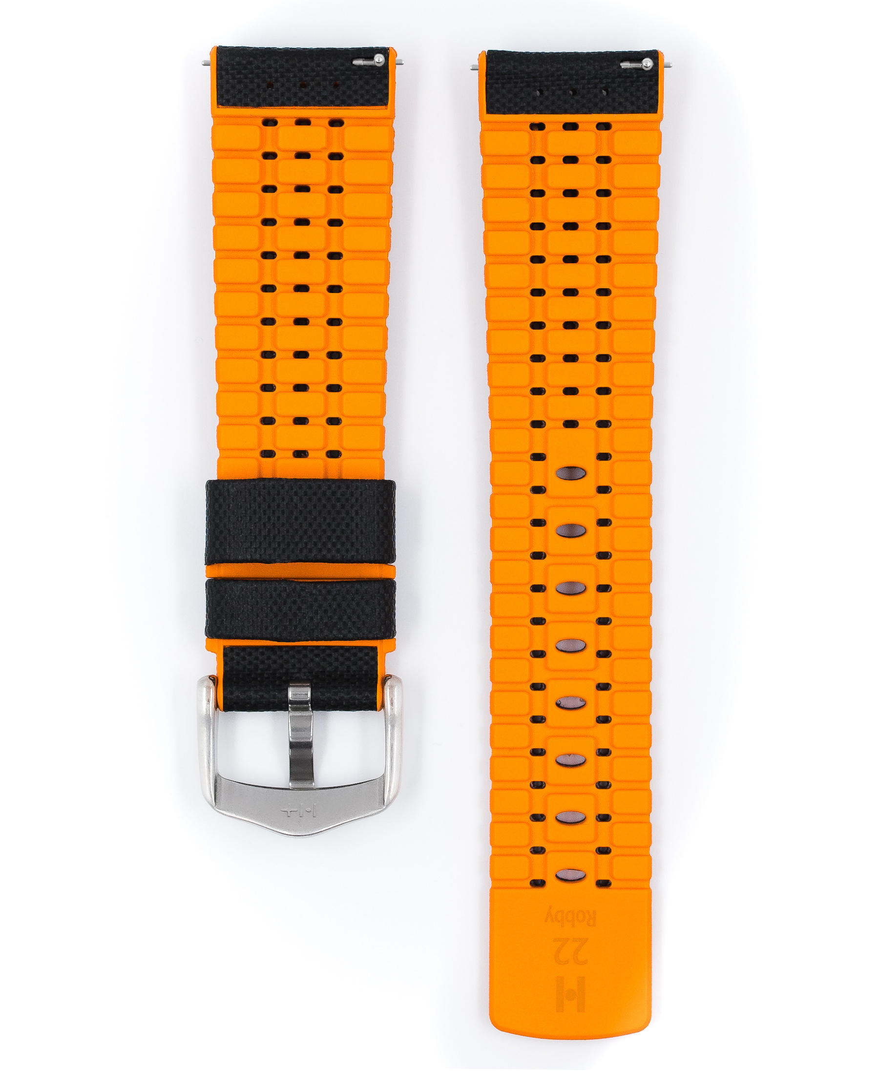 Ein oranges Uhrenarmband mit einem schwarzen Abschnitt und einer silbernen Schnalle. Zwei Teile ausgelegt.