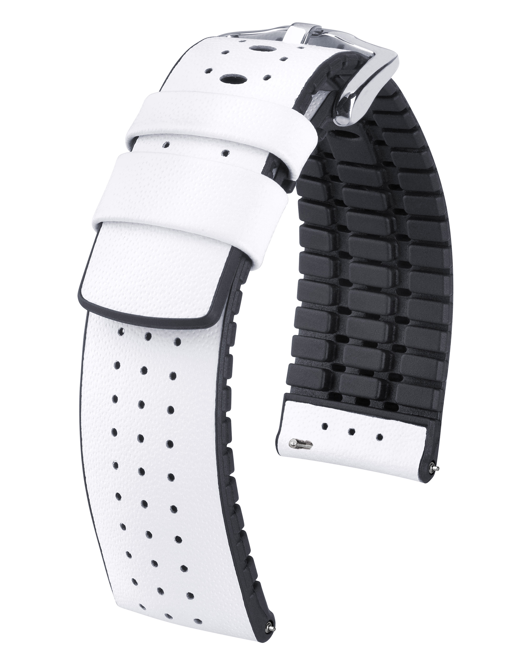 Ein weißes Uhrenarmband mit einem schwarzen Abschnitt und einer silbernen Schnalle. Gebogene Form.