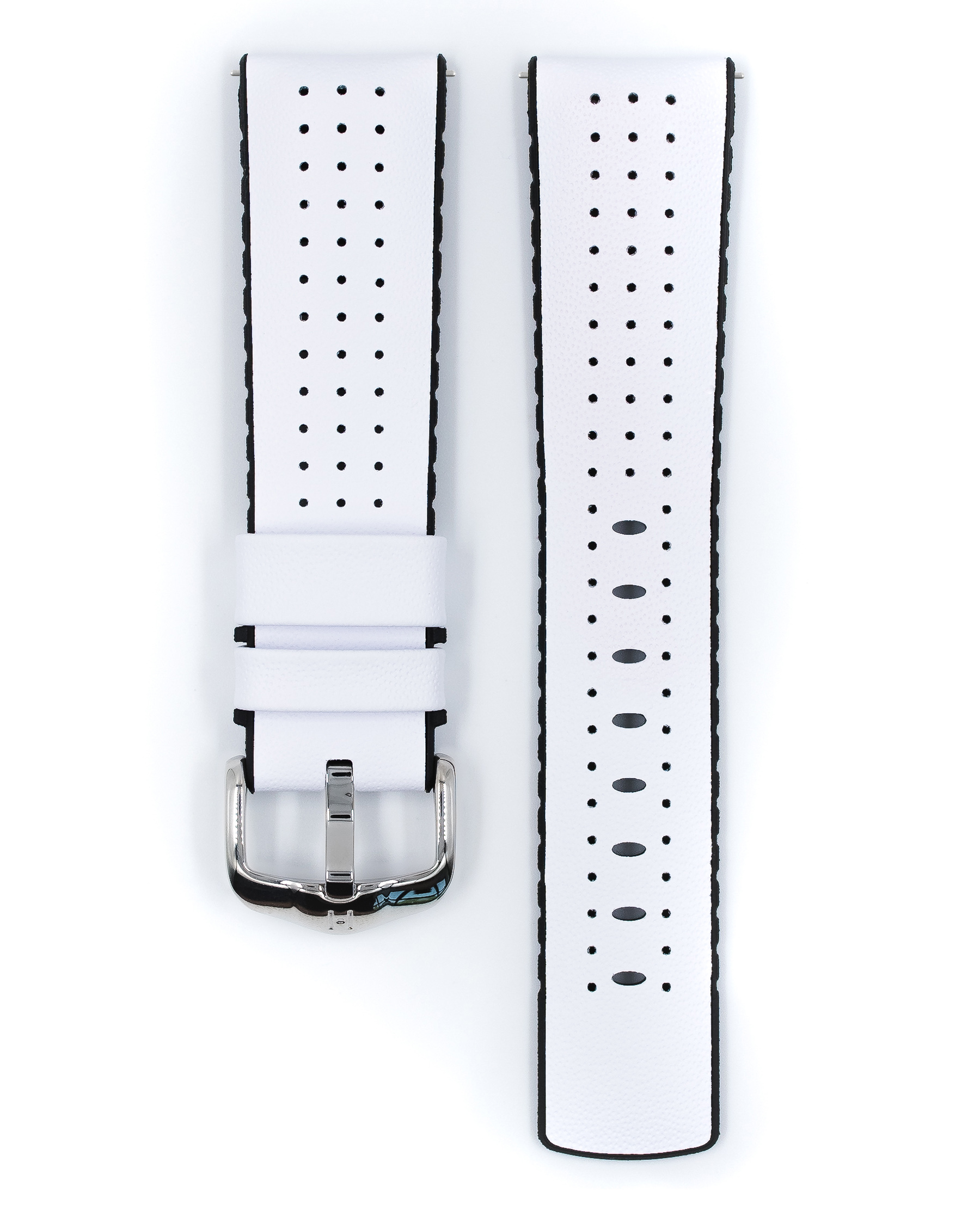 Ein weißes Uhrenarmband mit einer silbernen Schnalle. Zwei Teile ausgelegt. Schwarze Ränder.