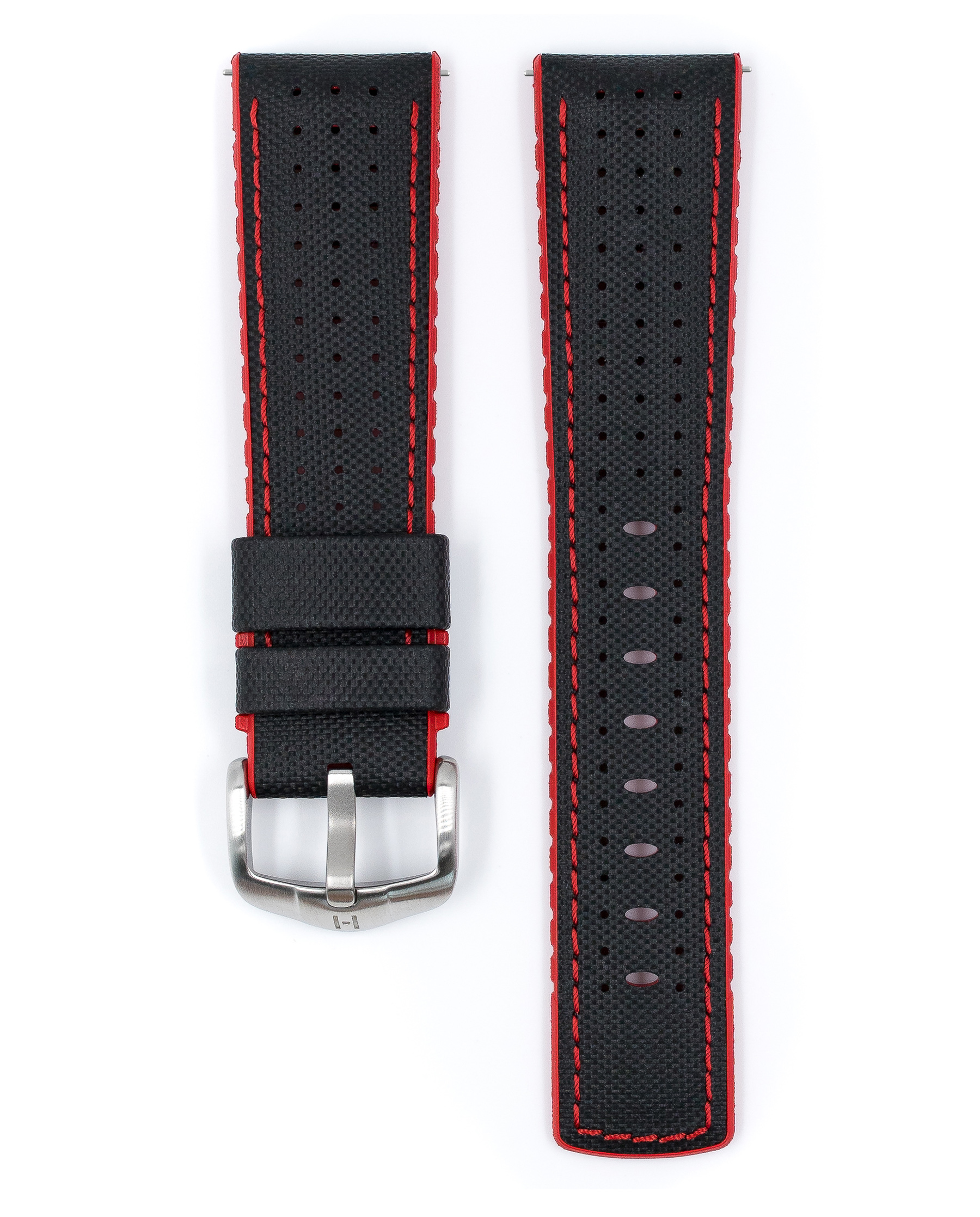Ein schwarzes Uhrenarmband mit roten Nähten und einer silbernen Schnalle. Zwei Teile ausgelegt.