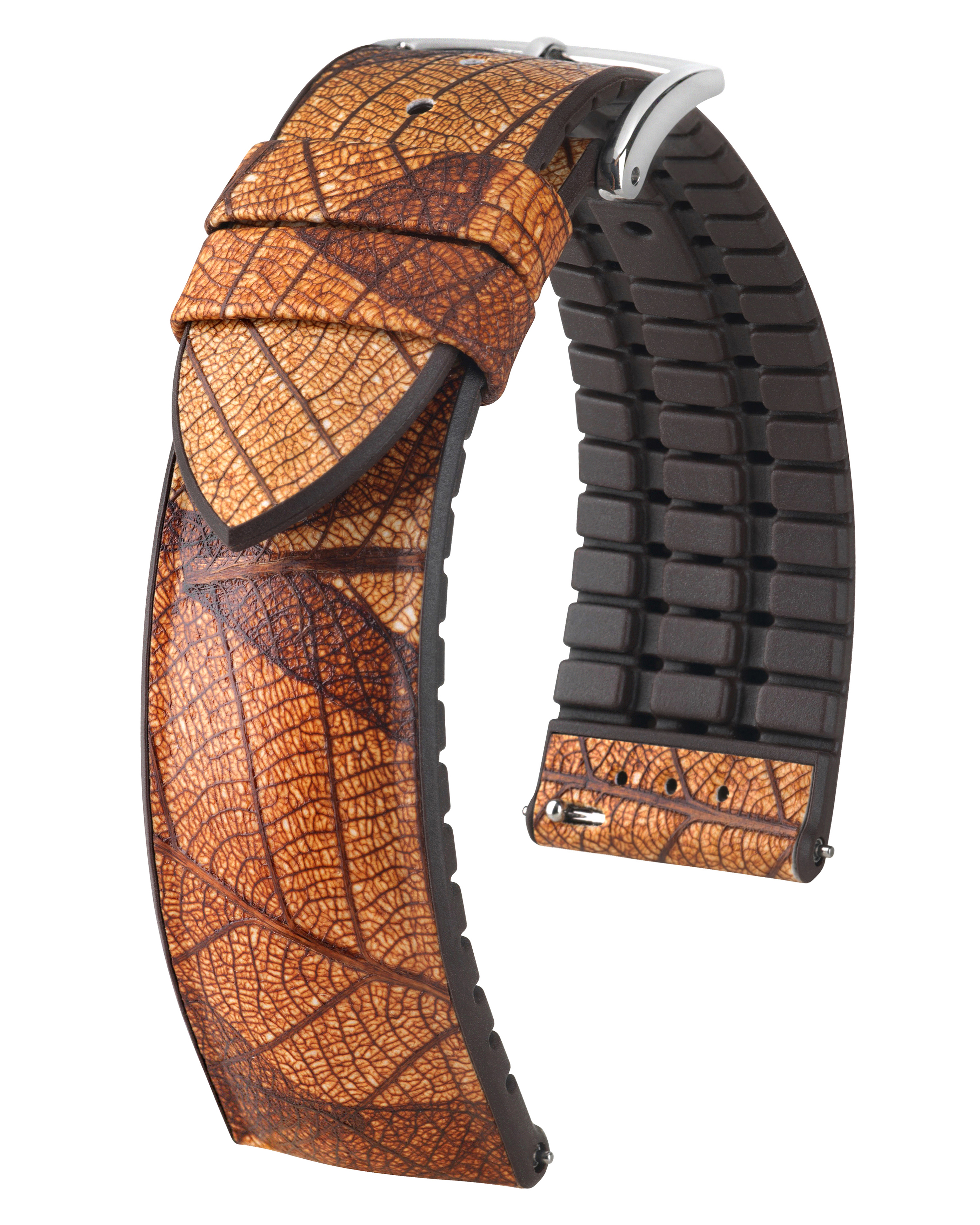 Uhrenarmband mit Blättermuster. Das Band ist gebogen und hat eine Metallschnalle.
