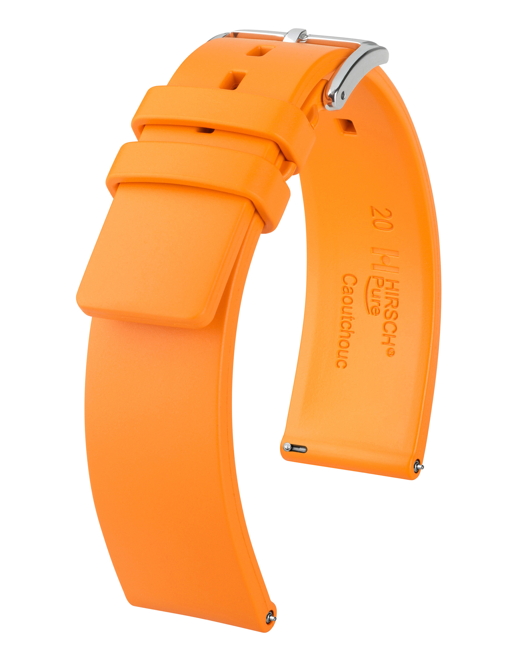 Orangenes Gummi-Uhrenarmband mit Metallschnalle. Weißer Hintergrund.