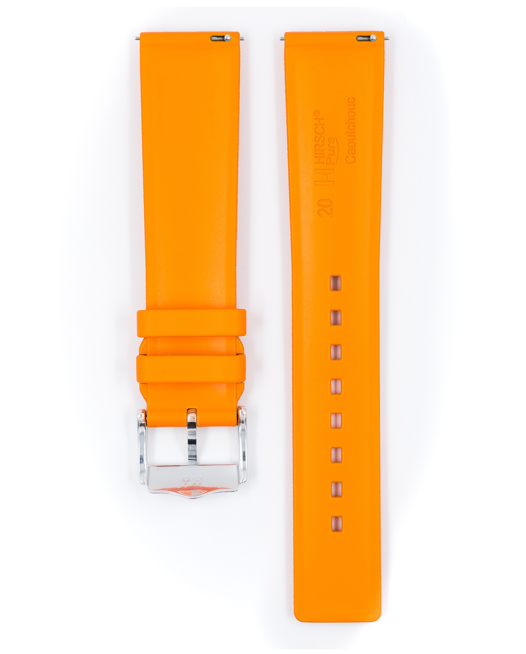 Orangenes Gummi-Uhrenarmband mit Metallschnalle. Weißer Hintergrund.