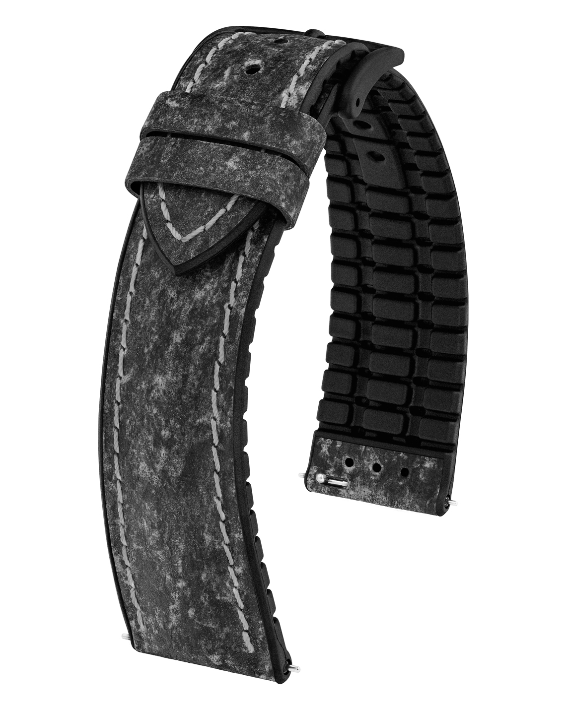 Schwarz-graues strukturiertes Uhrenarmband. Schwarzes Gummi und Metallschnalle. Weißer Hintergrund.
