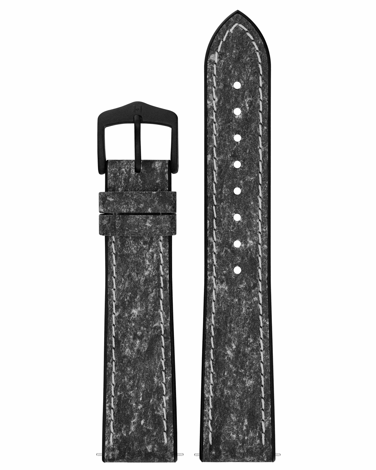 Strukturiertes schwarz-graues Uhrenarmband. Schwarze Schnalle. Weißer Hintergrund.