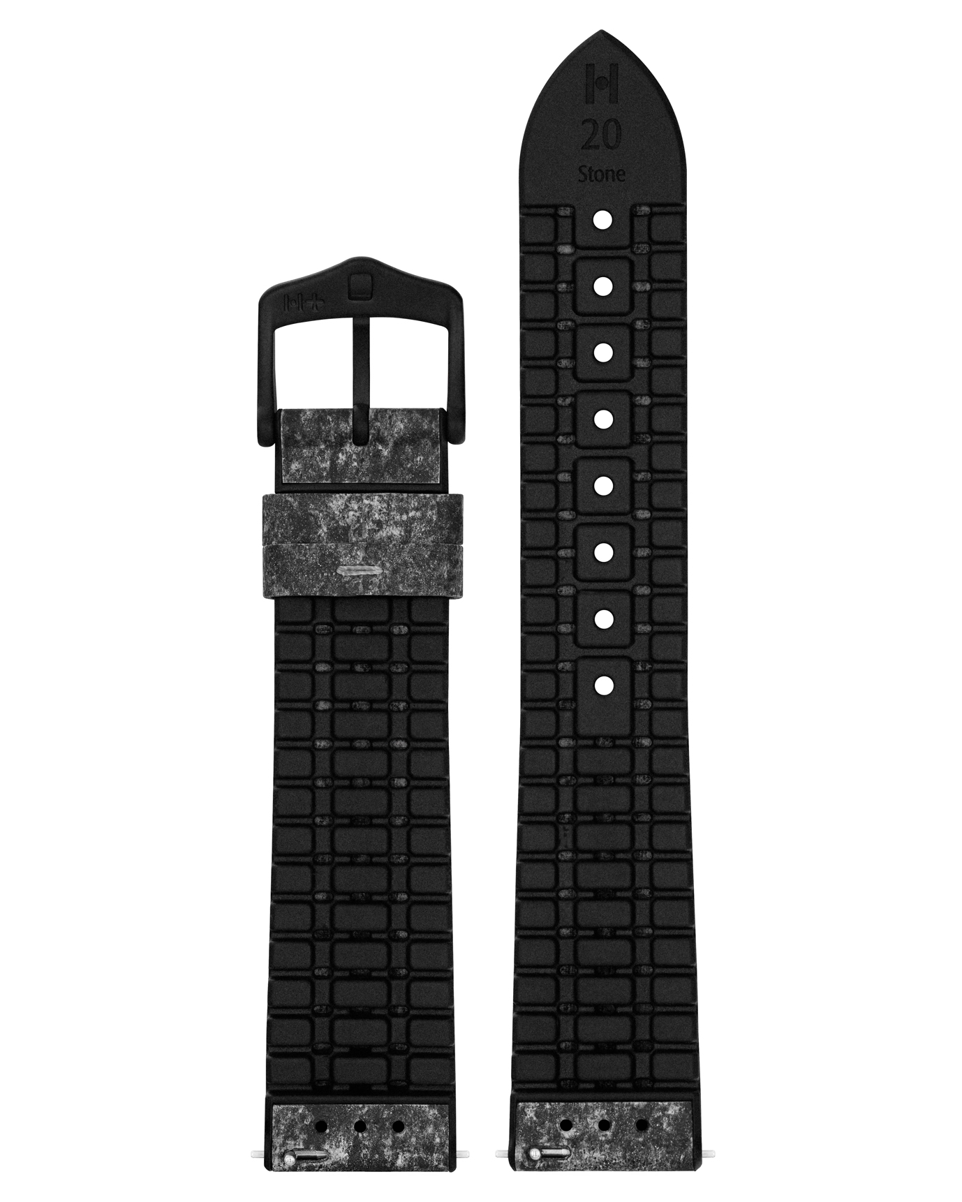 Strukturiertes schwarz-graues Uhrenarmband. Schwarzes Gummi und Metallschnalle. Weißer Hintergrund.