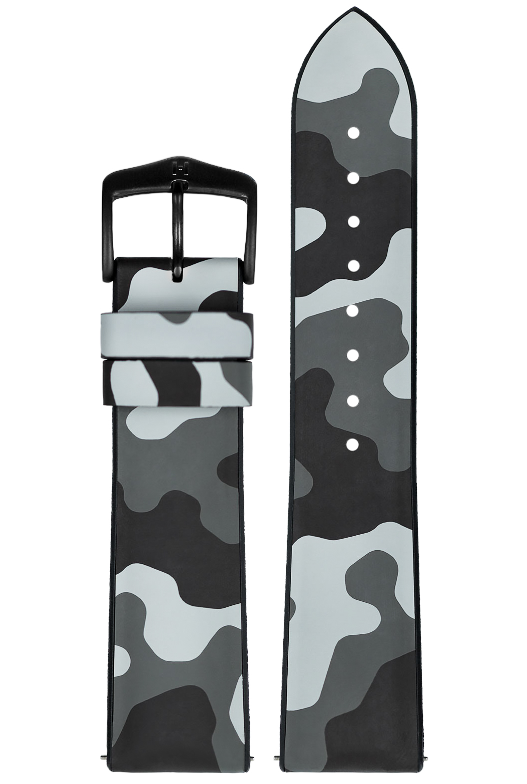 Grau-weißes Camouflage-Uhrenarmband. Schwarze Schnalle. Weißer Hintergrund.