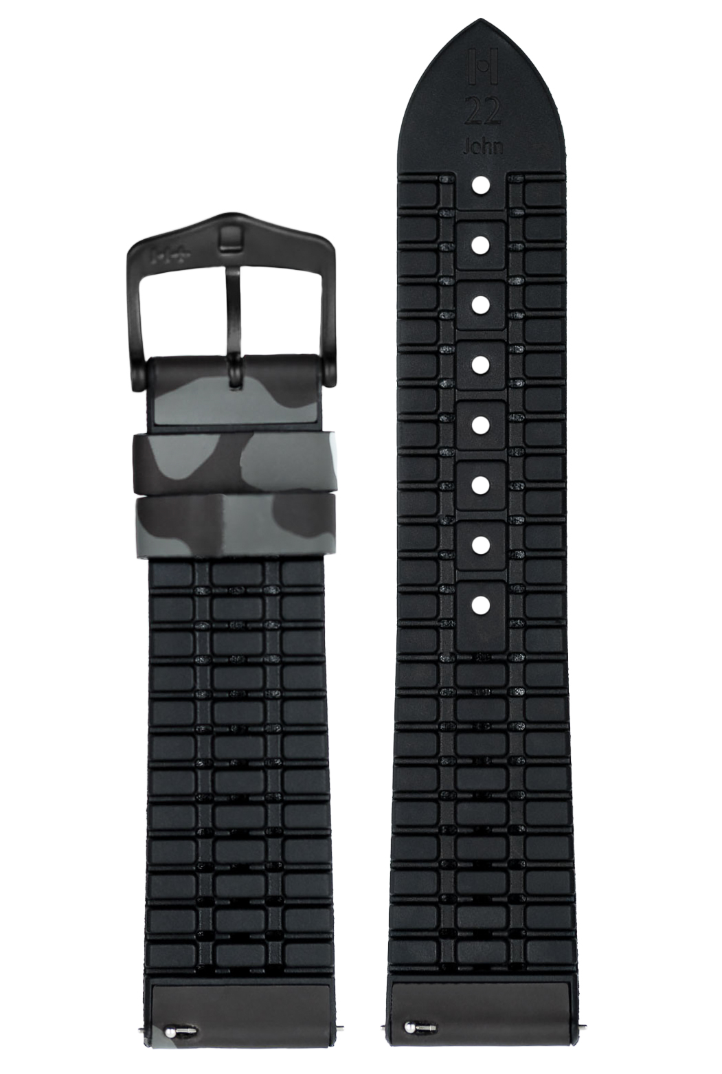 Grau-weißes Camouflage-Uhrenarmband. Schwarzes Gummi und Metallschnalle. Weißer Hintergrund.