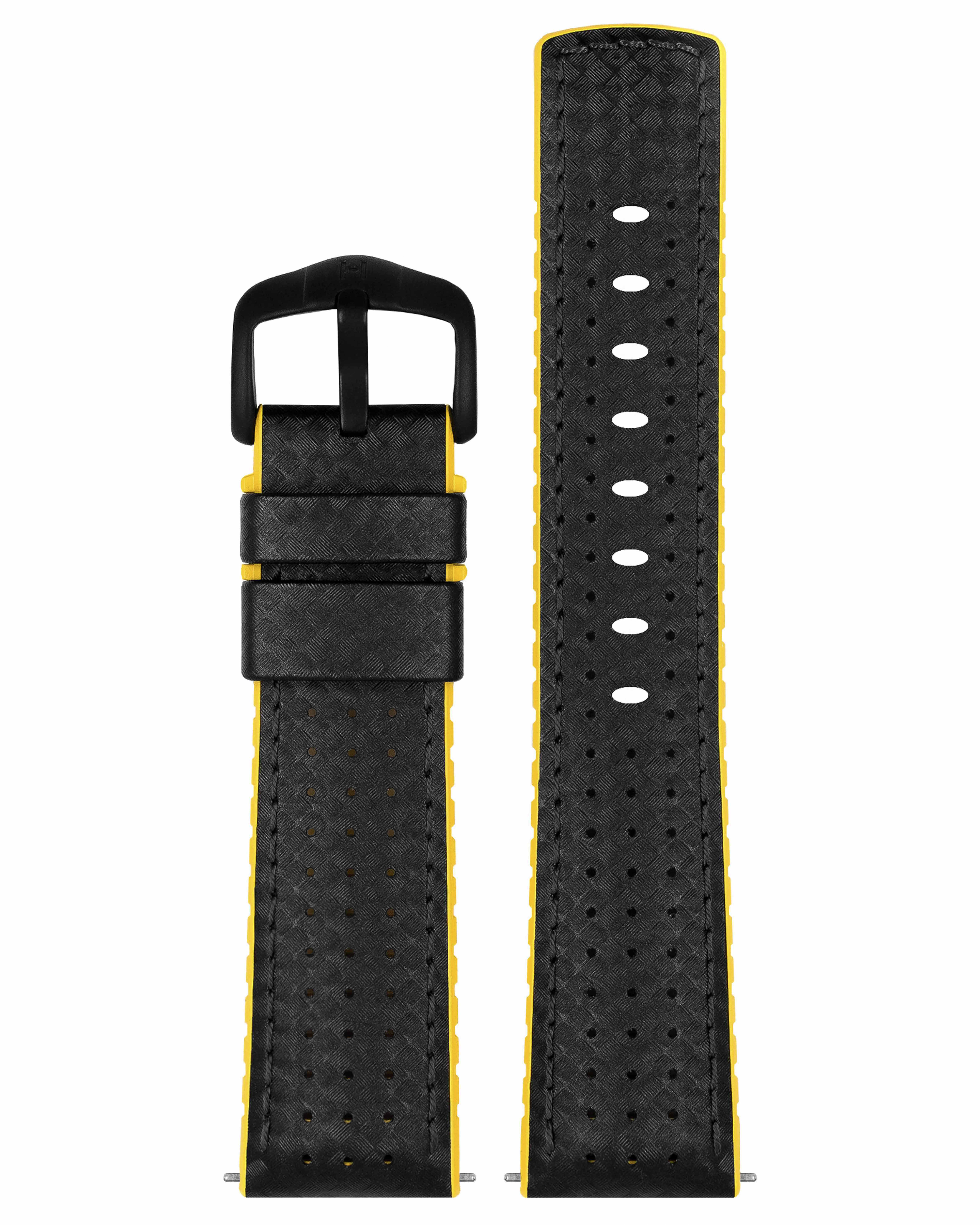 Armband, schwarz und gelb, mit schwarzer Schnalle, schwarzem Leder und gelber Gummiauskleidung.