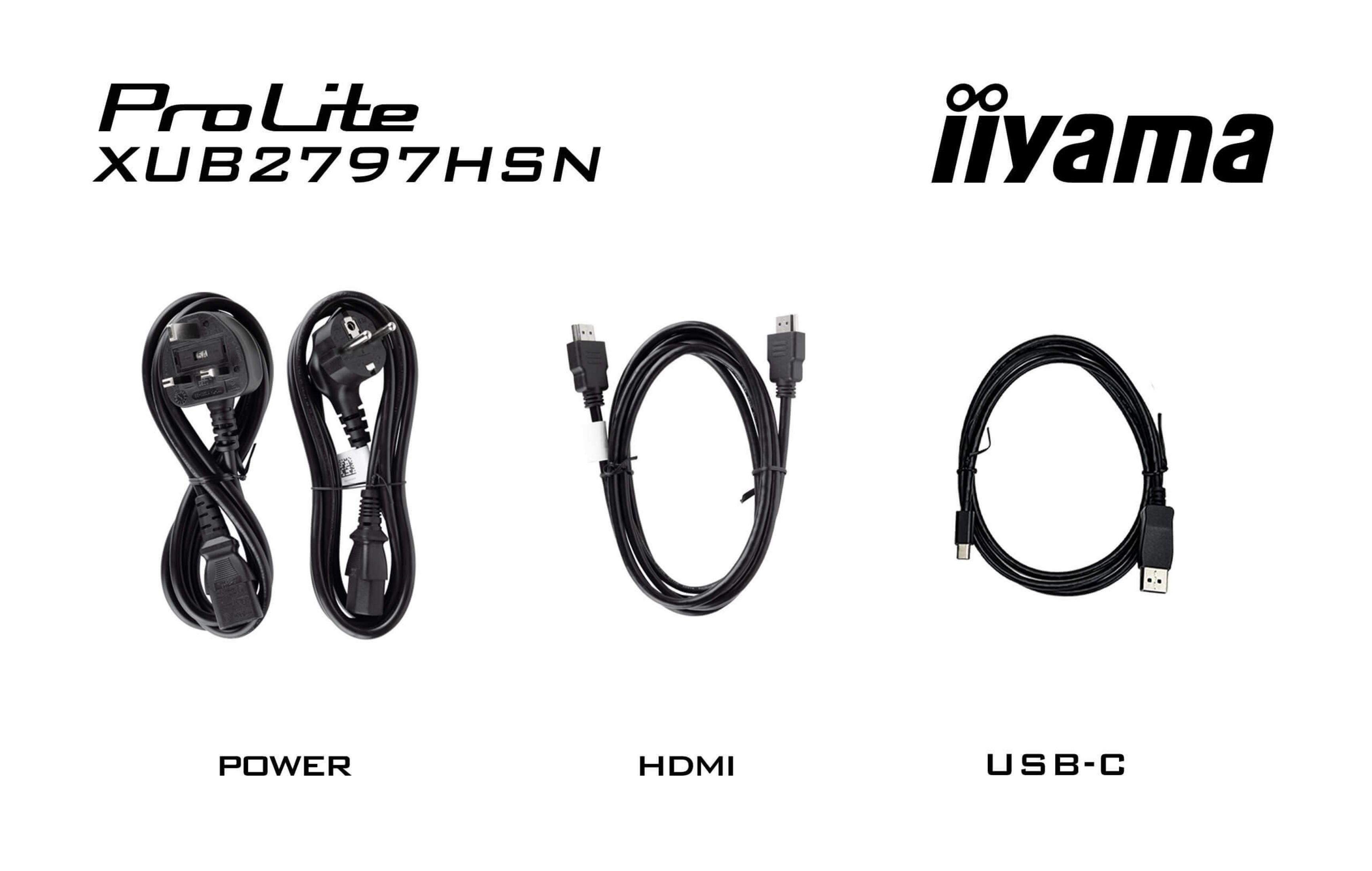 Trois câbles : un câble d'alimentation, un câble HDMI et un câble USB-C, avec le logo d'une marque de moniteur.