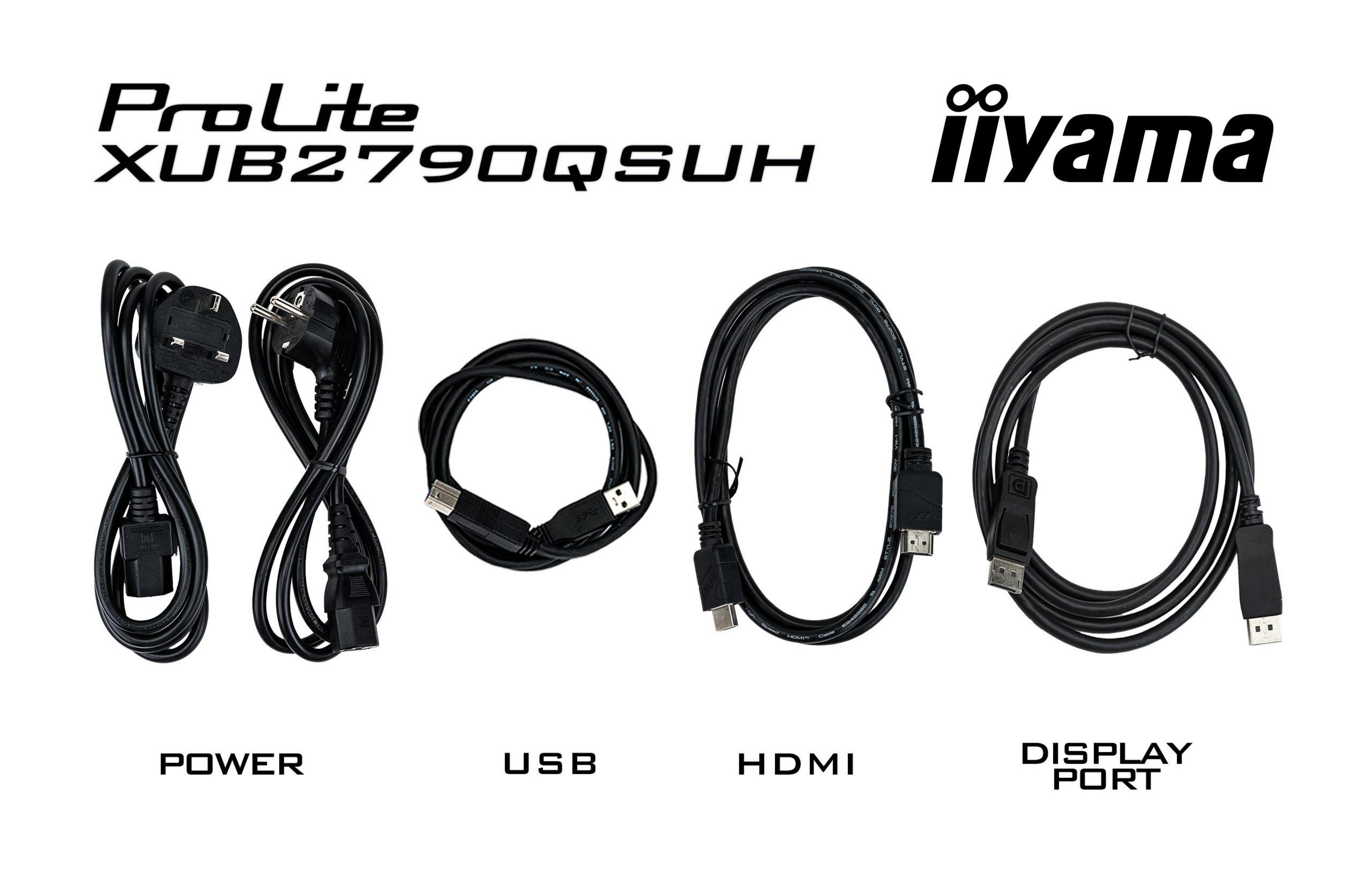 Cuatro cables: alimentación, USB, HDMI y DisplayPort, junto al nombre de la marca y el modelo de un monitor.