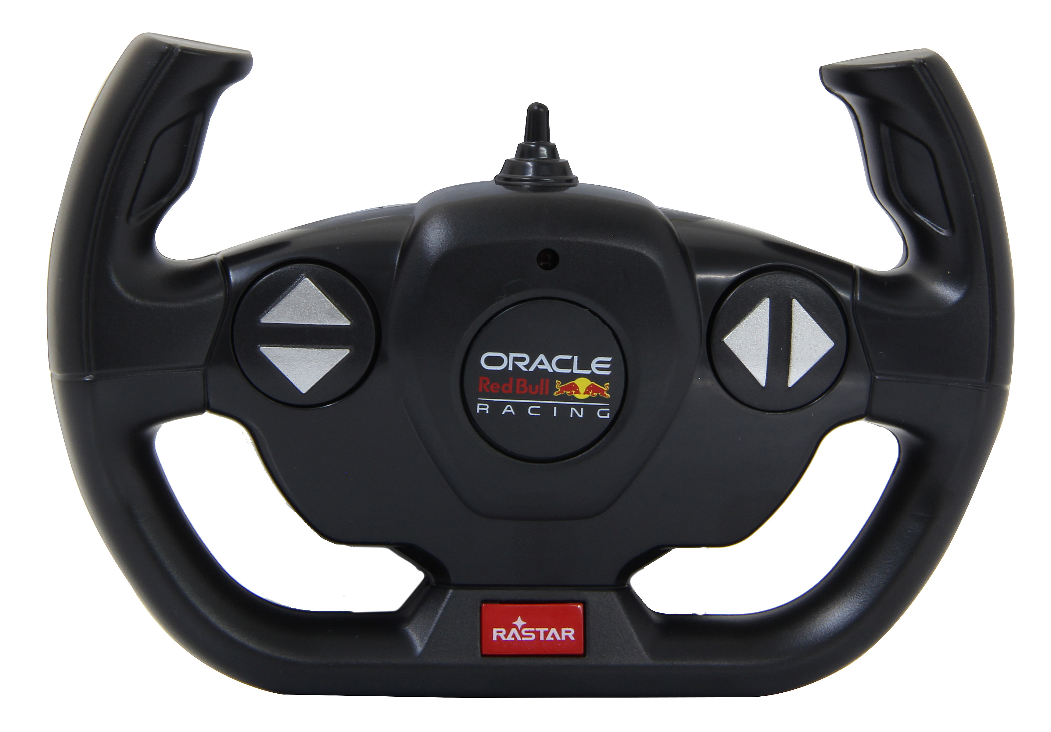 Nahaufnahme eines schwarzen Lenkrad-Controllers mit dem Oracle Red Bull Racing Logo.
