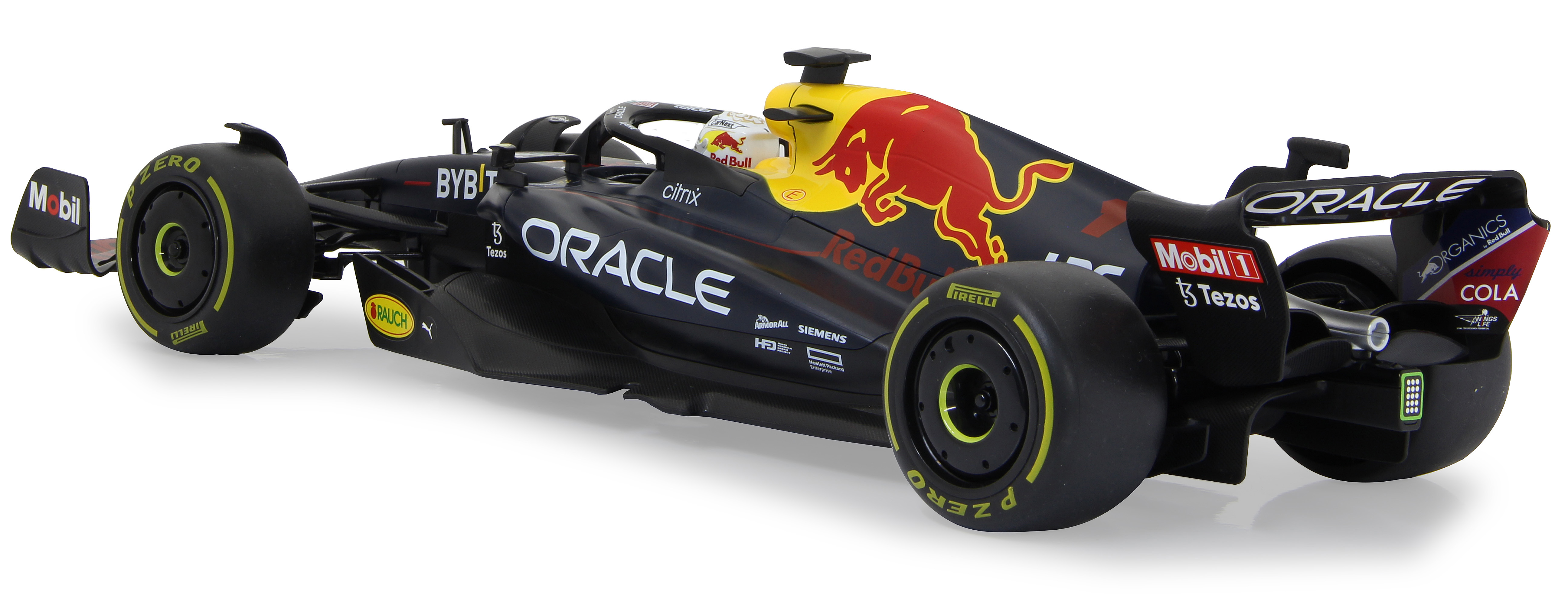 Ein dunkles F1-Auto mit Sponsoren wie Oracle und Red Bull wird im Detail gezeigt.