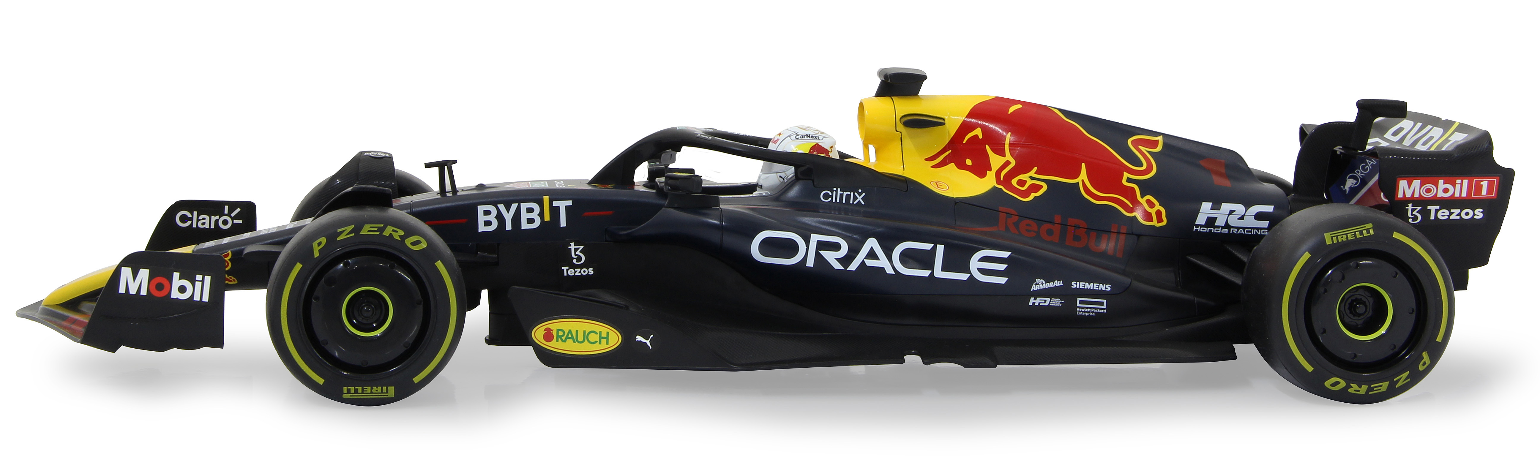 Ein dunkles F1-Auto wird ausgestellt und zeigt Sponsoren wie Oracle und Red Bull.