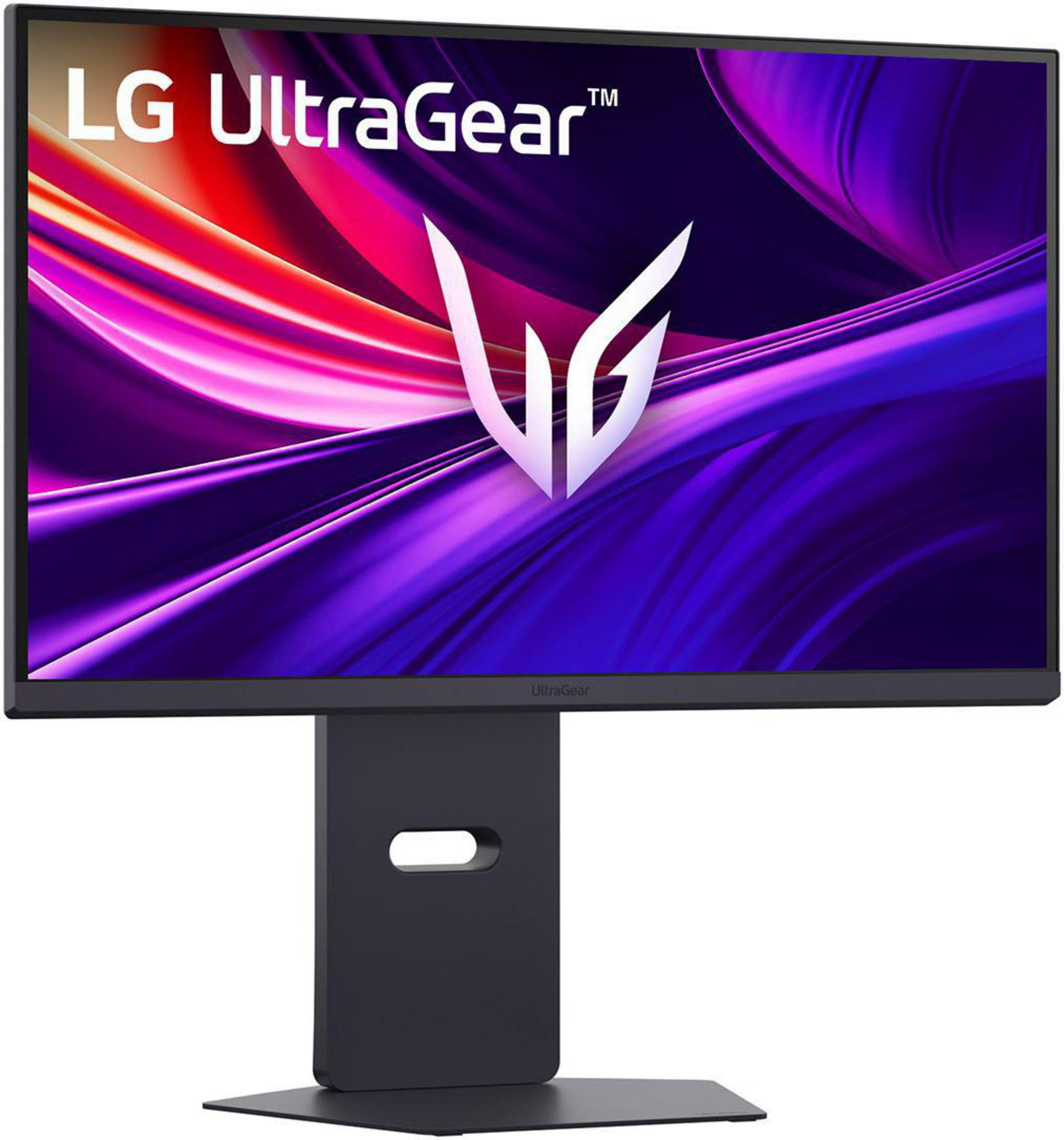 Monitor LG UltraGear. Czarny stojak, ciemny ekran z logo i kolorowym tłem.