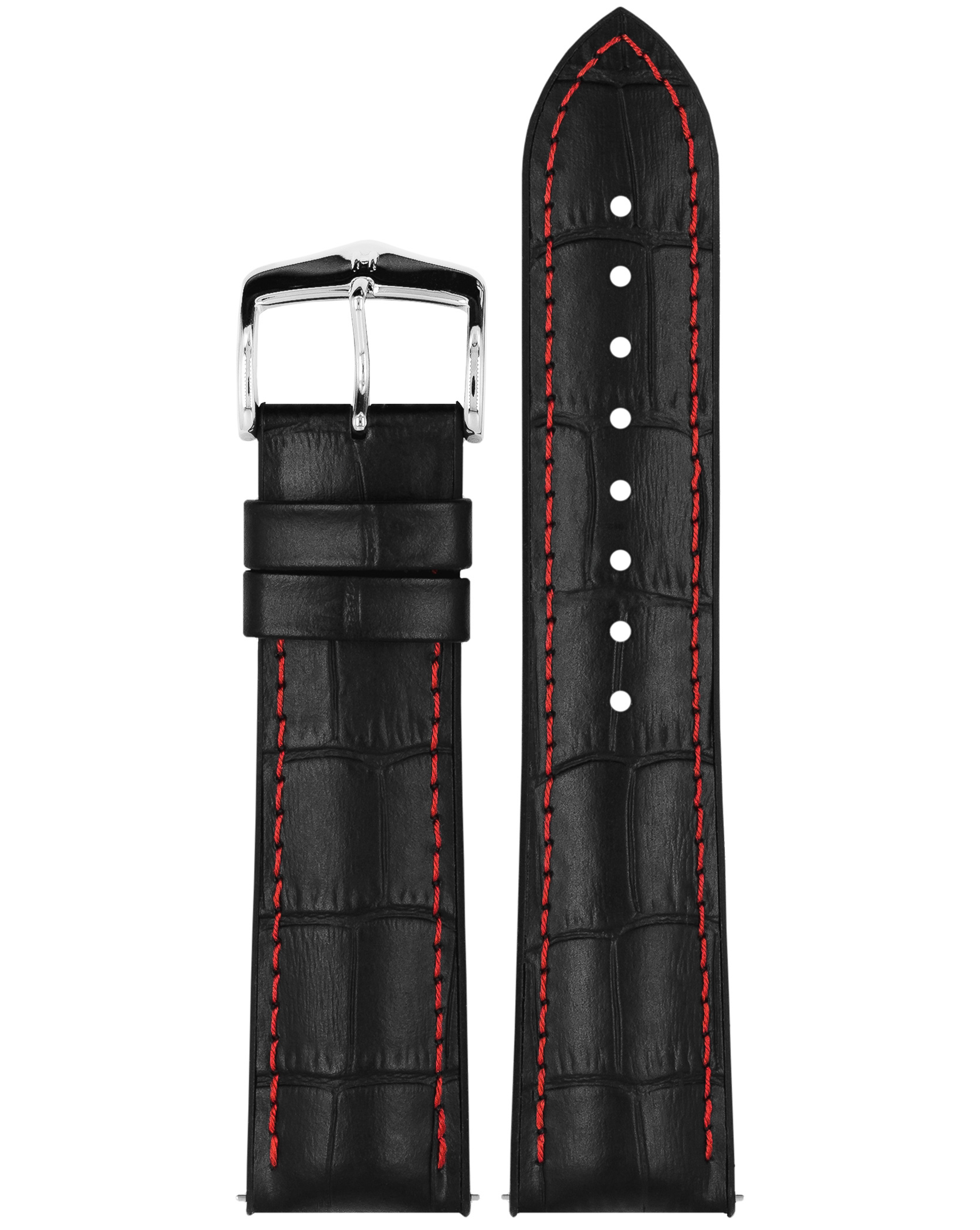 Schwarzes Uhrenarmband mit roten Nähten und einer silbernen Schnalle. Es ist strukturiert.