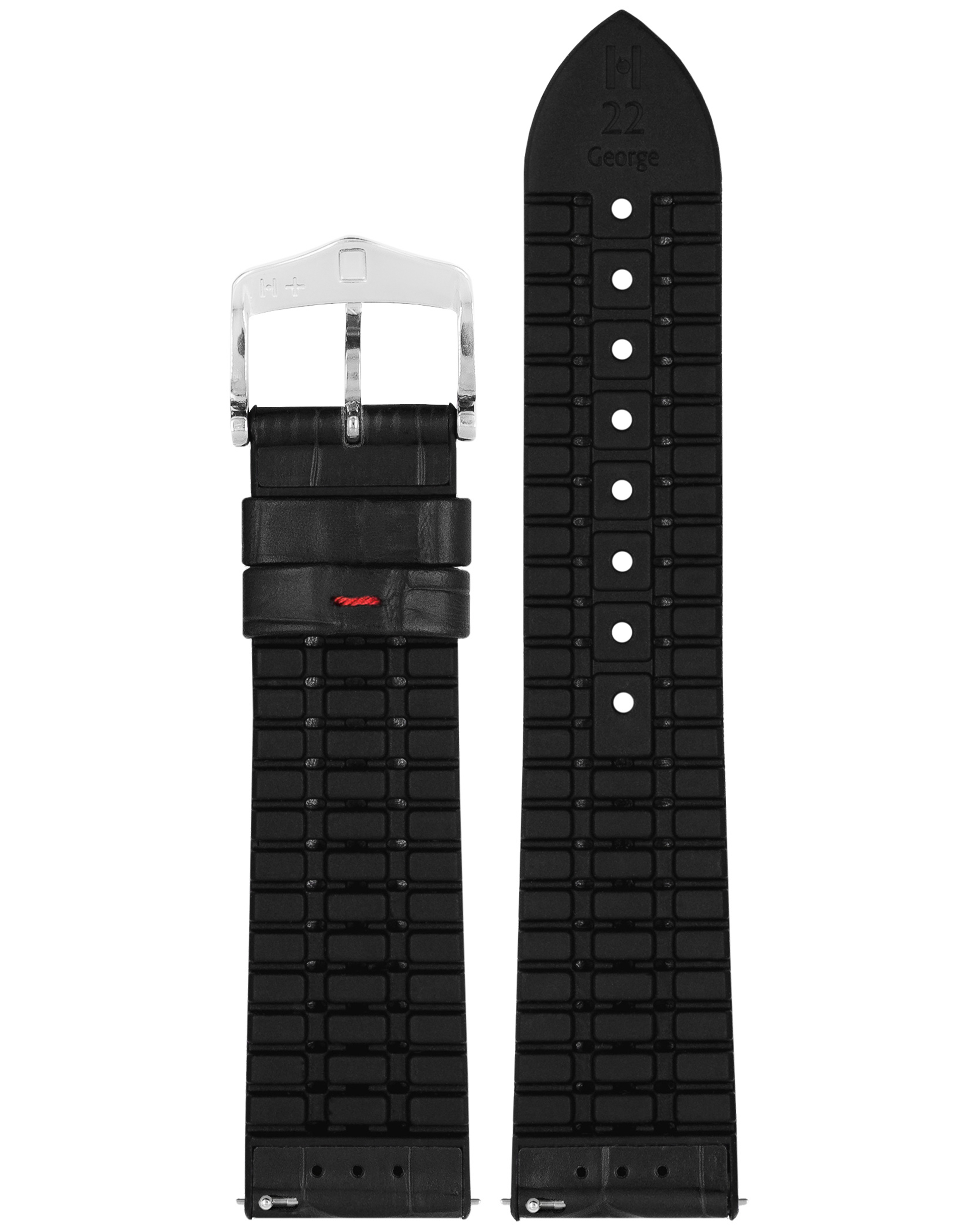 Schwarzes Uhrenarmband mit silberner Schnalle. Es besteht aus Gummi und ist strukturiert.