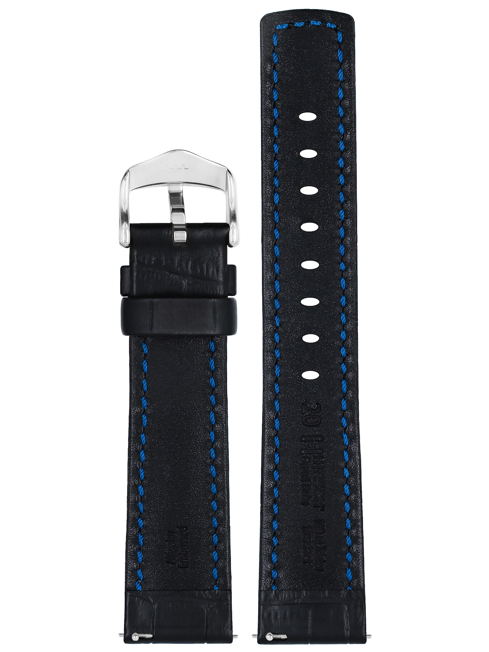Schwarzes Leder-Armband. Blaue Nähte. Silberne Schnalle.