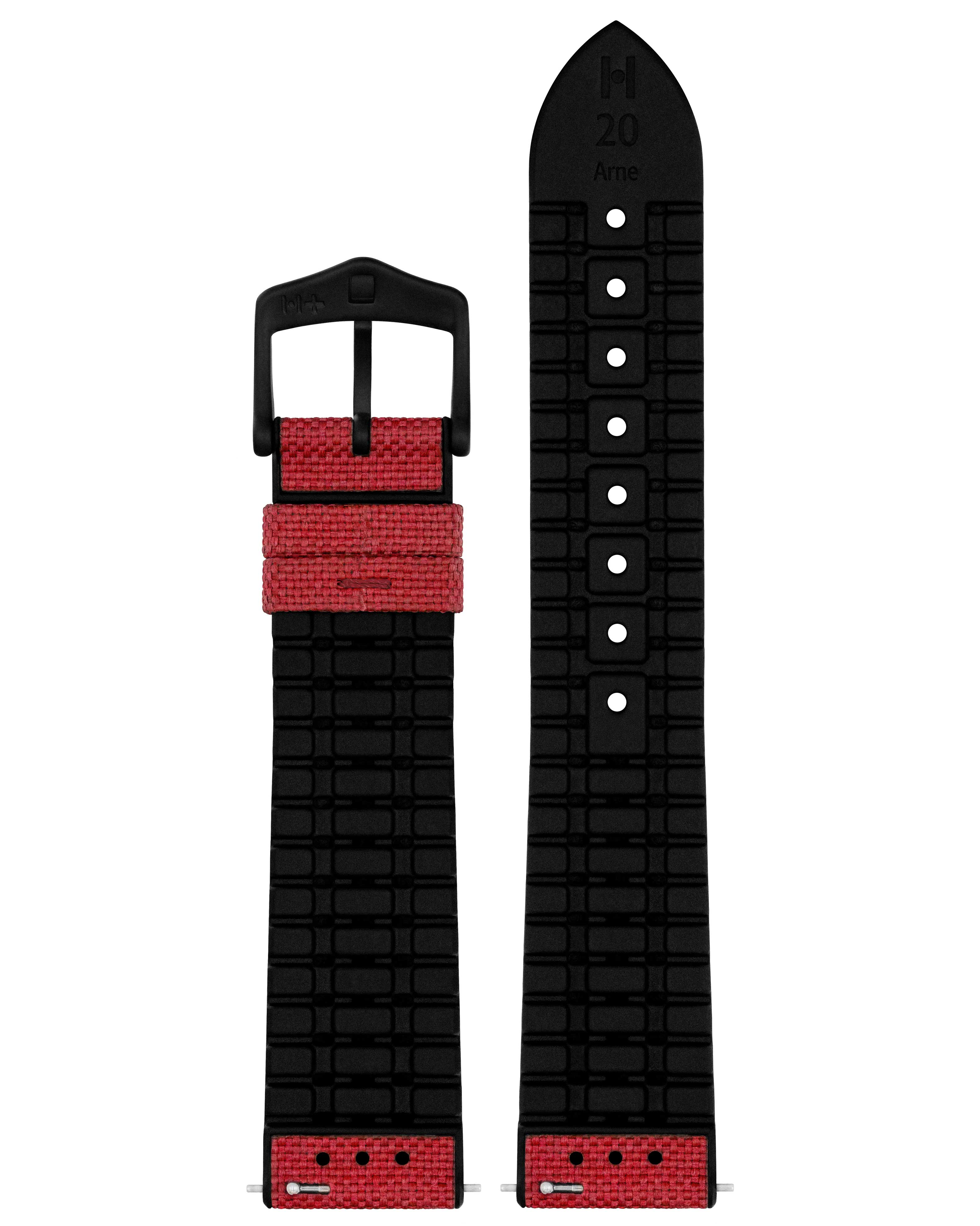 Schwarzes Uhrenarmband mit rotem Stoff und schwarzer Schnalle. Der andere Riemen ist schwarz.