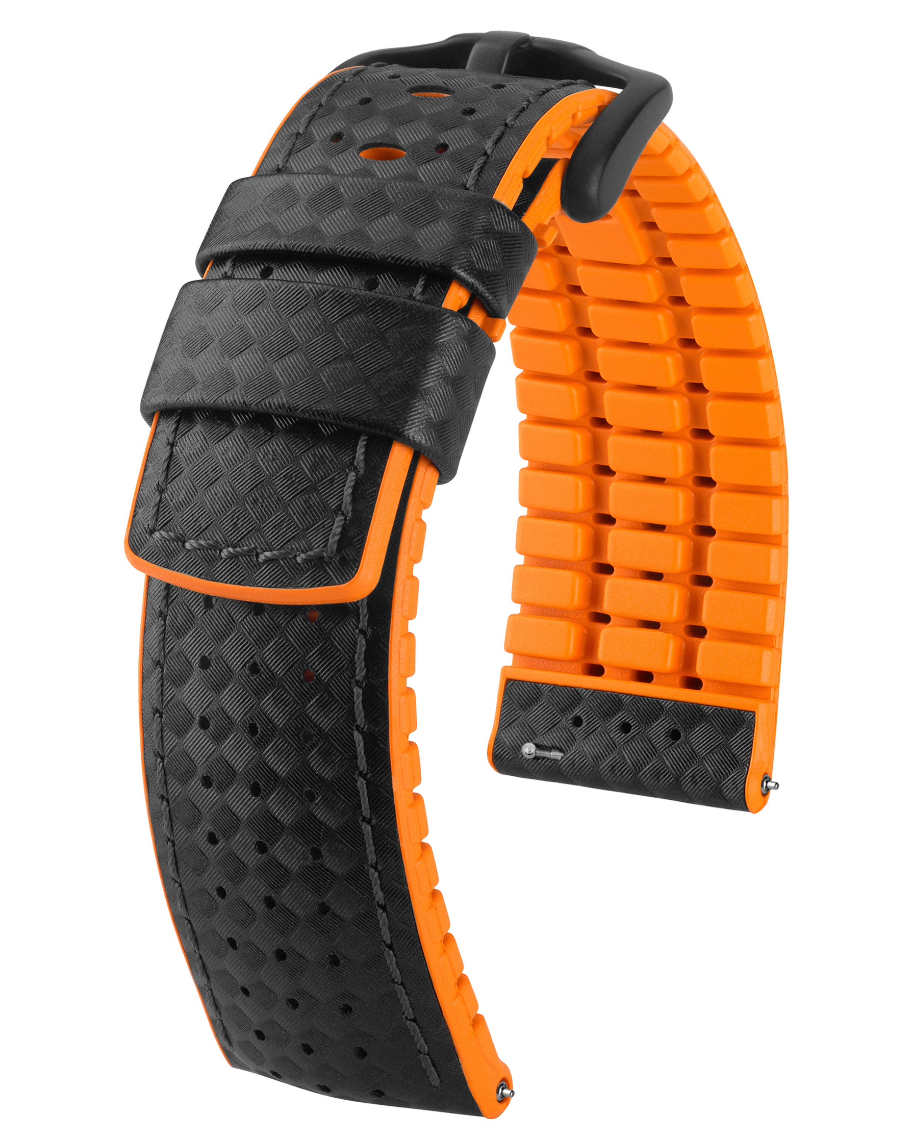 Schwarzes und orangefarbenes Uhrenarmband. Schwarzes Leder mit einem orangefarbenen Innenband.