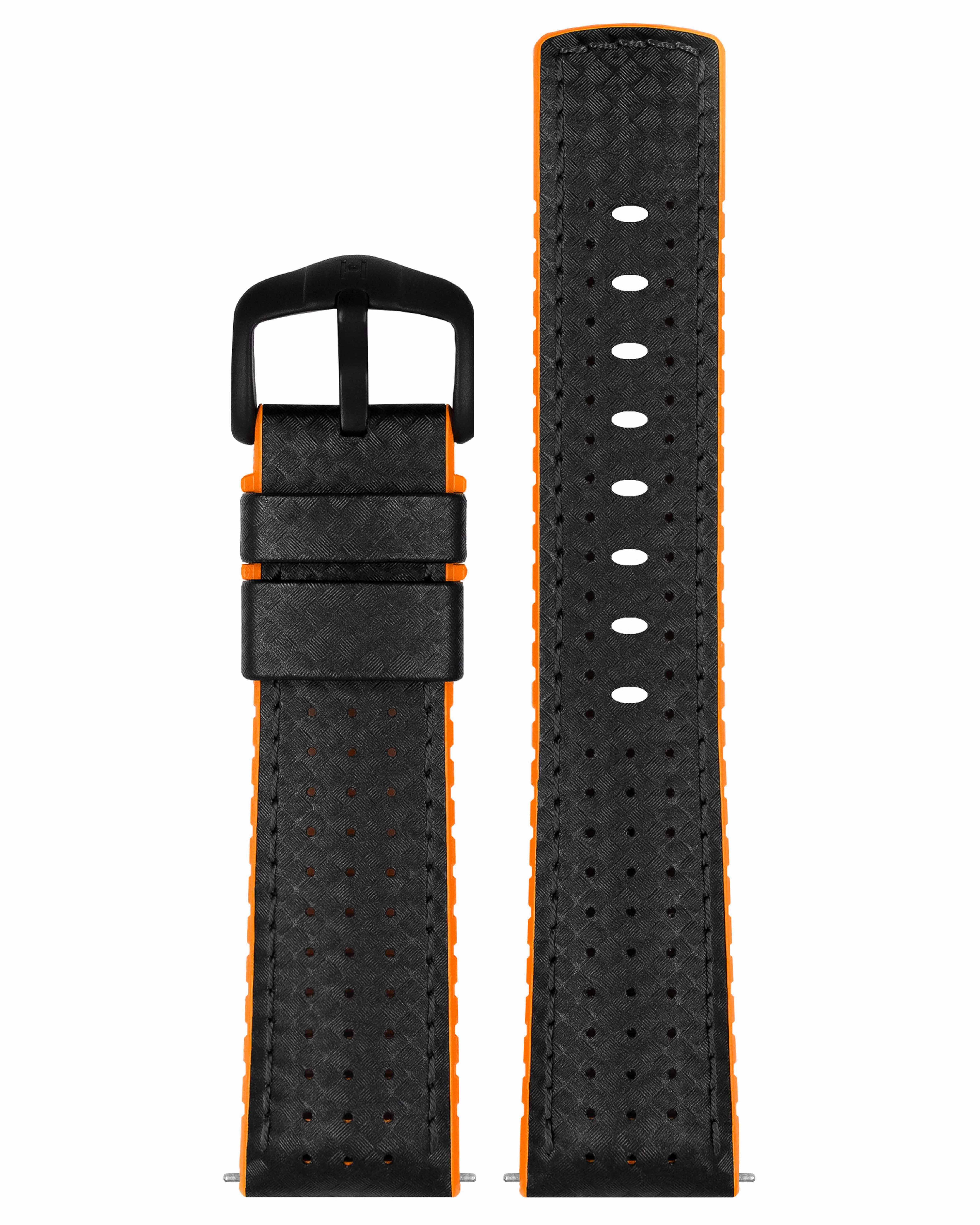 Schwarzes und orangefarbenes Uhrenarmband. Schwarzes Leder mit orangefarbenem Rand und schwarzer Schnalle.
