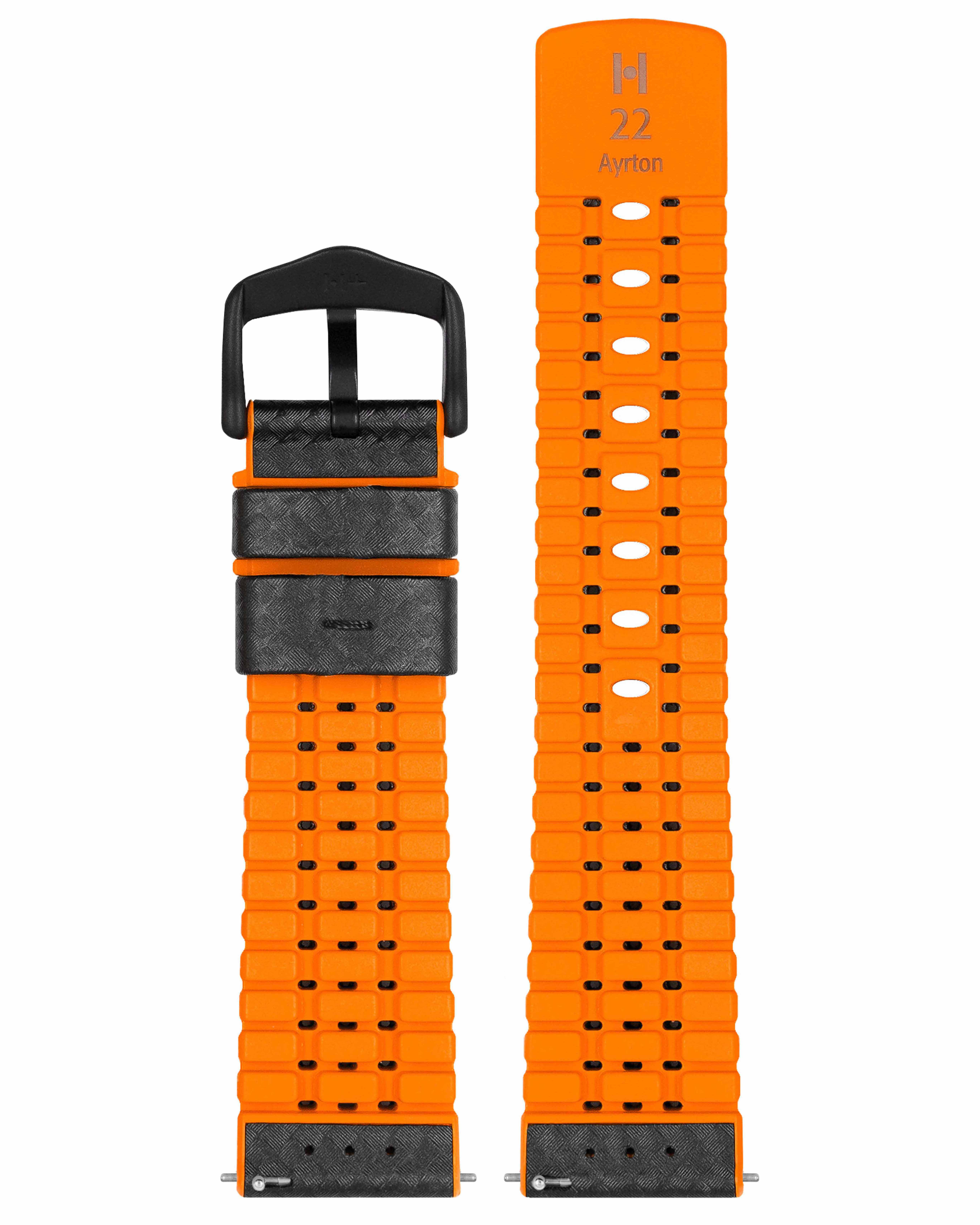 Oranges und schwarzes Uhrenarmband. Oranges Band mit schwarzem Leder und schwarzer Schnalle.