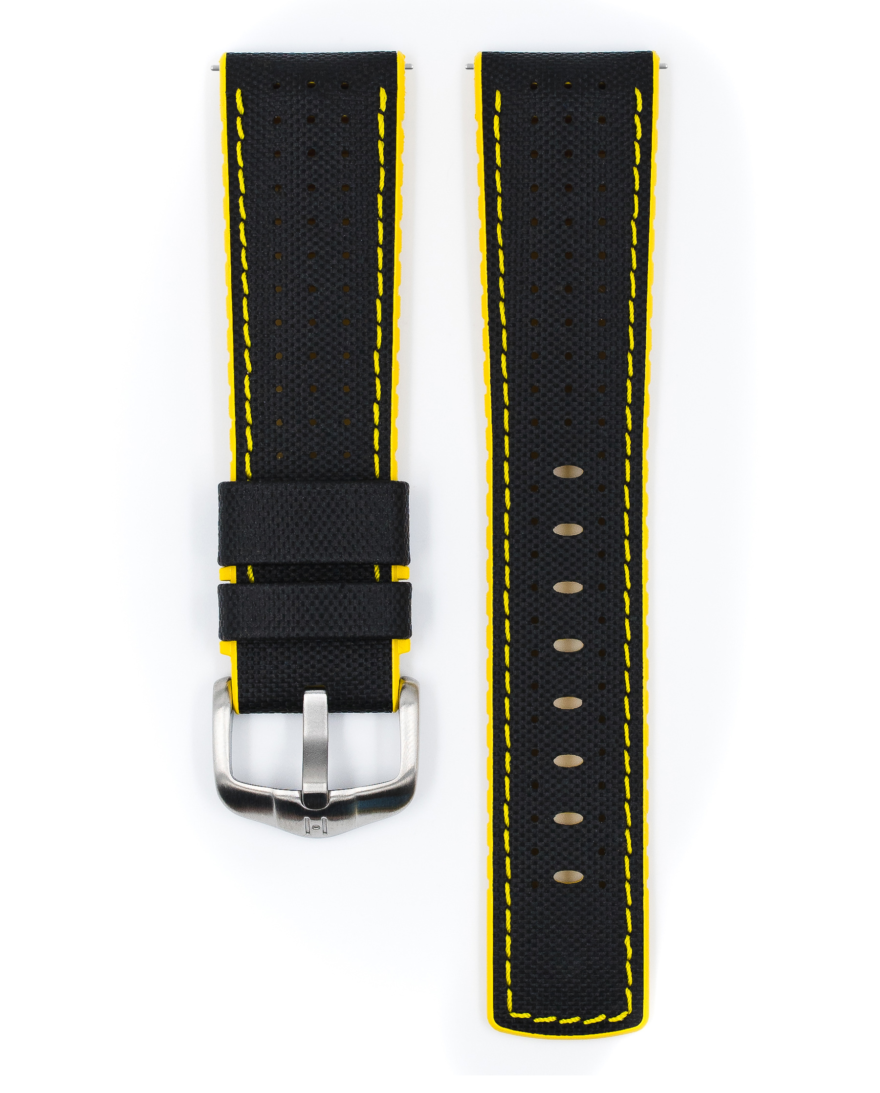 Schwarze und gelbe Armbänder. Gelbe Nähte. Silberne Schnalle.