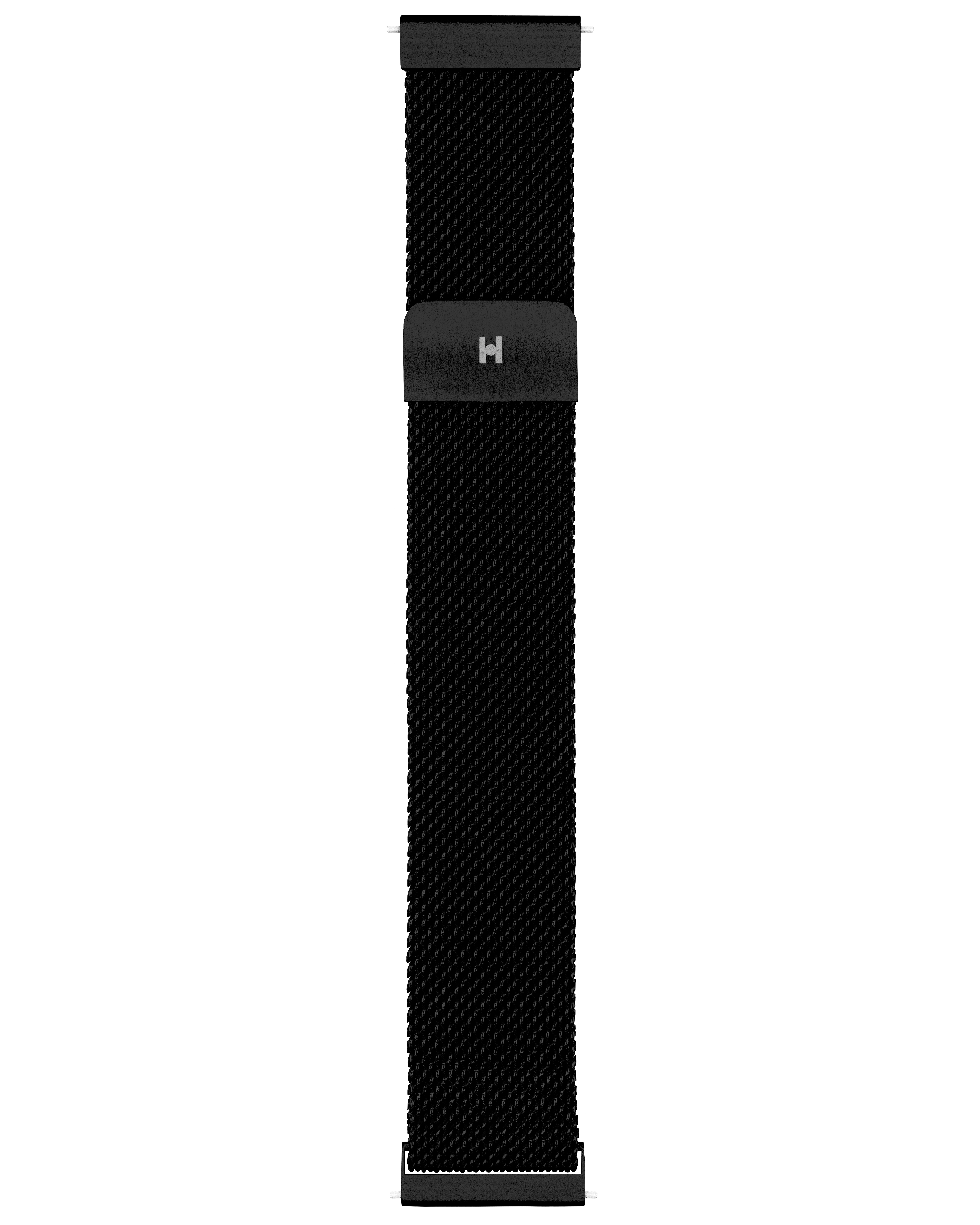 Schwarzes Mesh-Uhrenarmband mit einem schwarzen Metallverschluss mit einem 'H'.