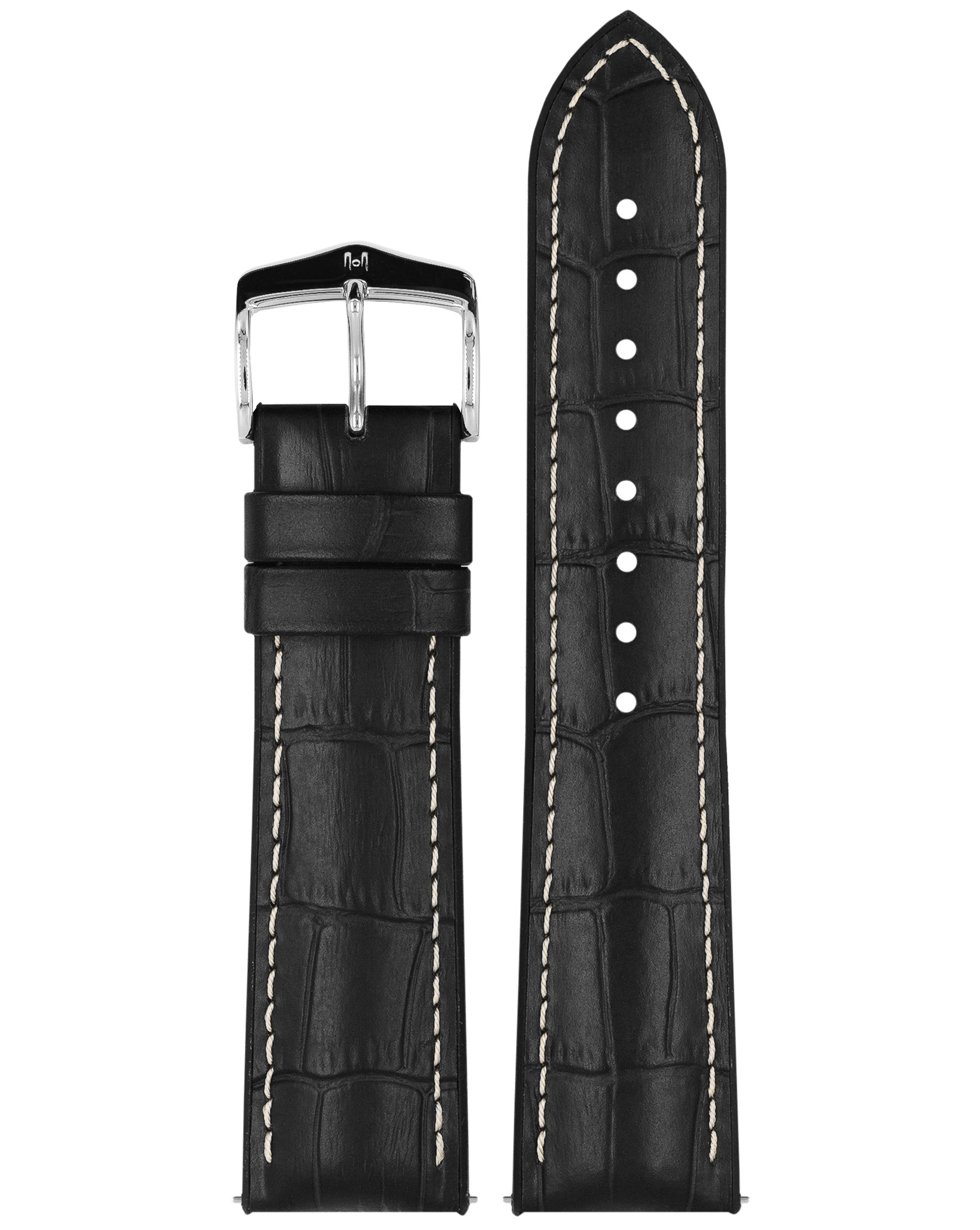 Schwarzes Uhrenarmband mit weißen Nähten und einer silbernen Schnalle. Schwarzes Alligatormuster.