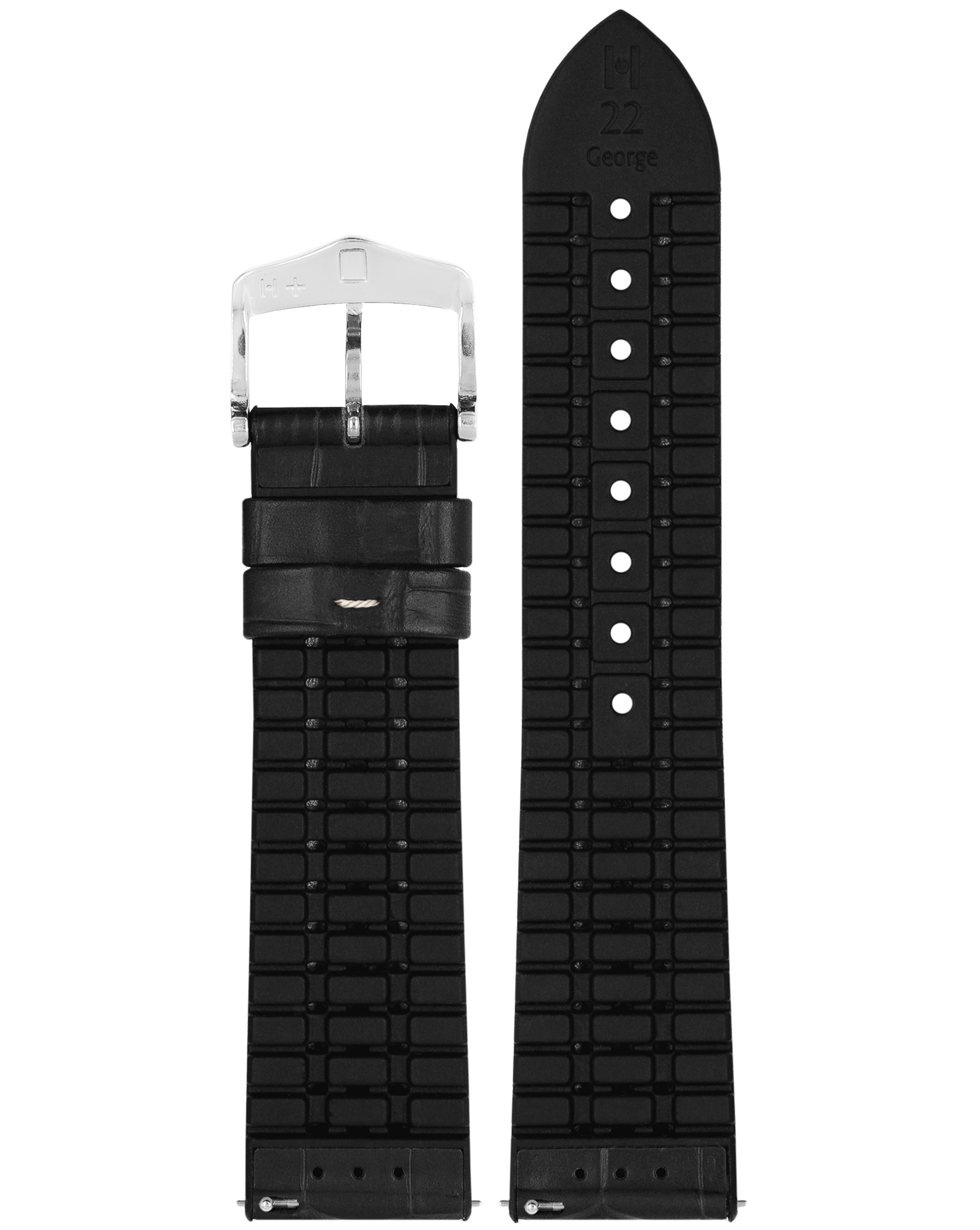 Schwarzes Uhrenarmband mit weißen Nähten, silberner Schnalle. Schwarz, strukturiert und gerippt.