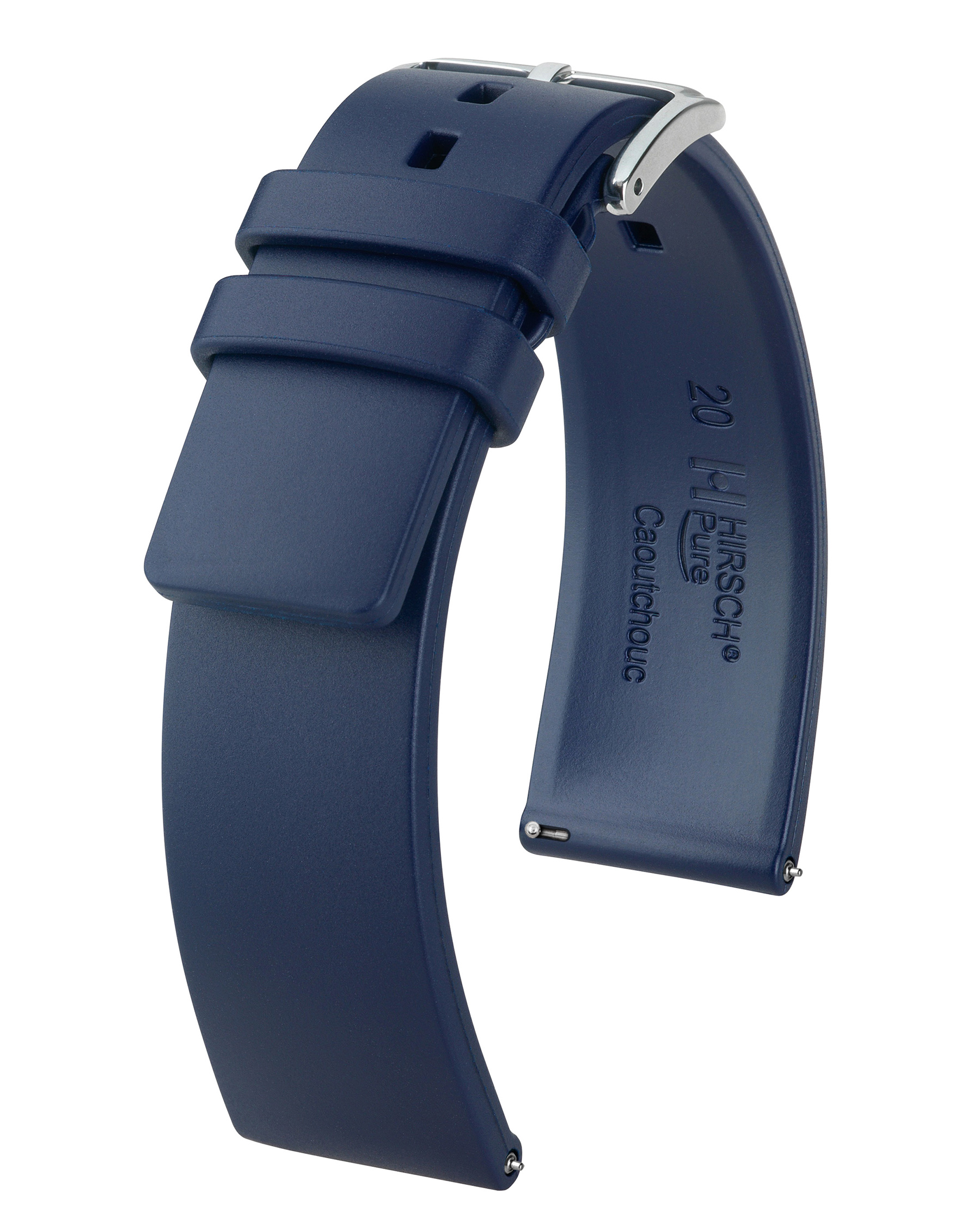 Dunkelblaues Uhrenarmband mit silberner Schnalle. Glatte Oberfläche.