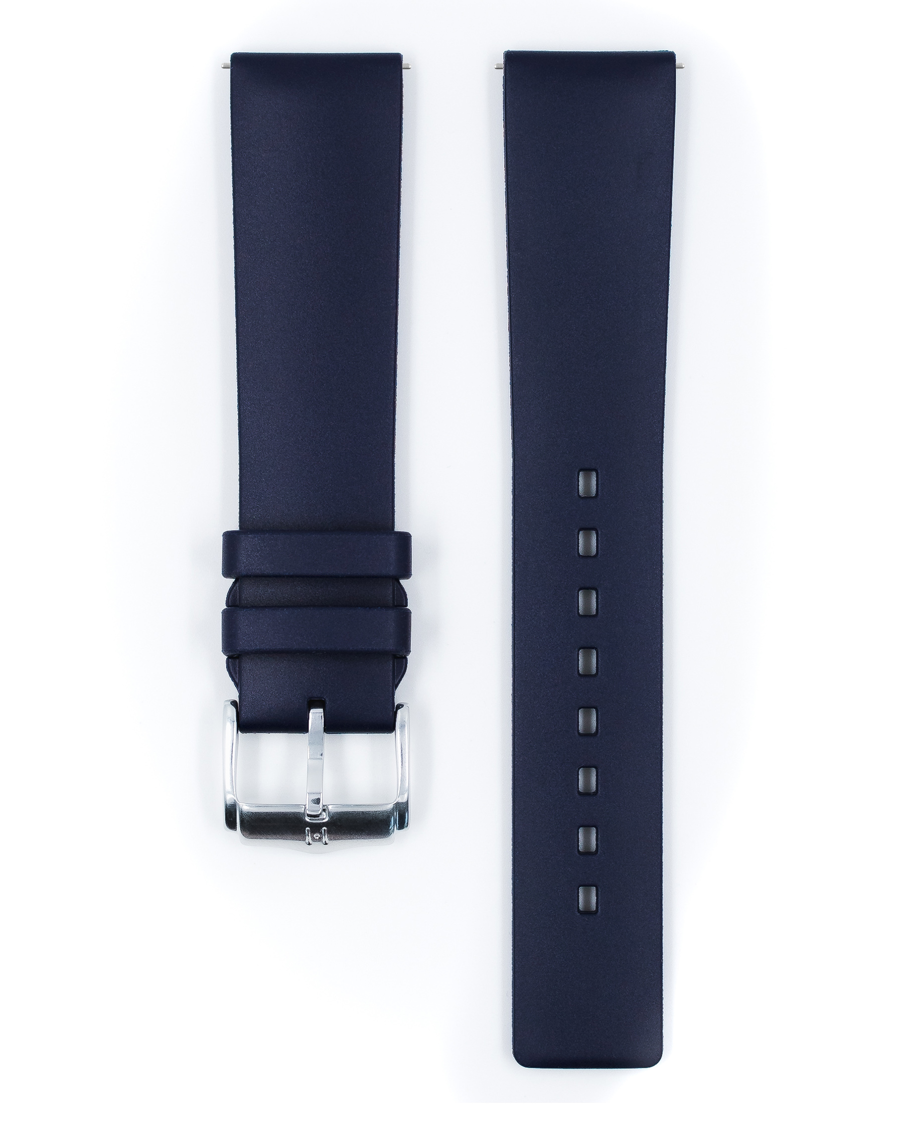 Dunkelblaues Uhrenarmband mit silberner Schnalle. Glatte Oberfläche.