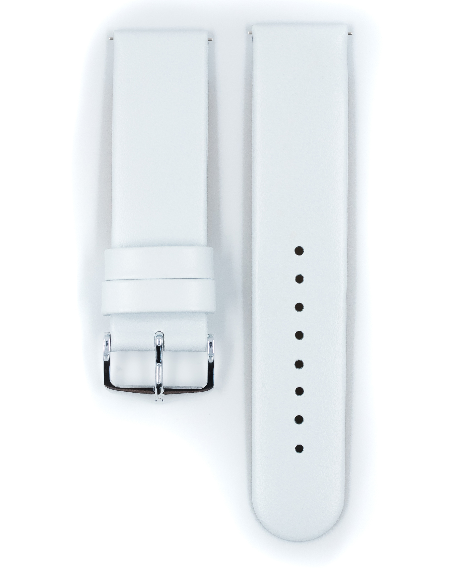 Weißes Uhrenarmband mit schwarzer Schnalle. Weißes glattes Leder.