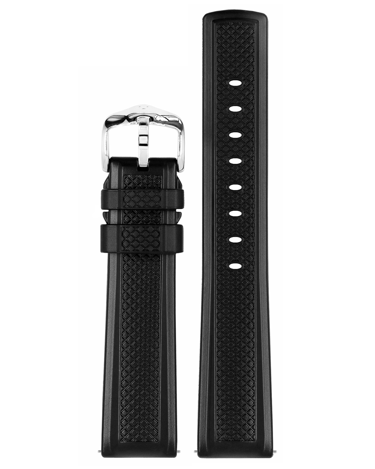 Schwarzes Uhrenarmband mit strukturiertem Muster und silberner Schnalle, getrennt vom zweiten Teil.