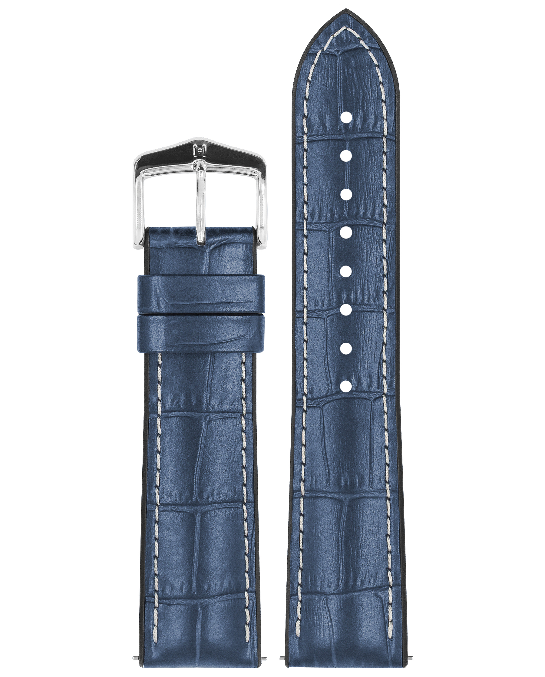 Blaues Leder-Uhrenarmband mit weißen Nähten. Silberne Schnalle. Zweites Bandteil enthalten.