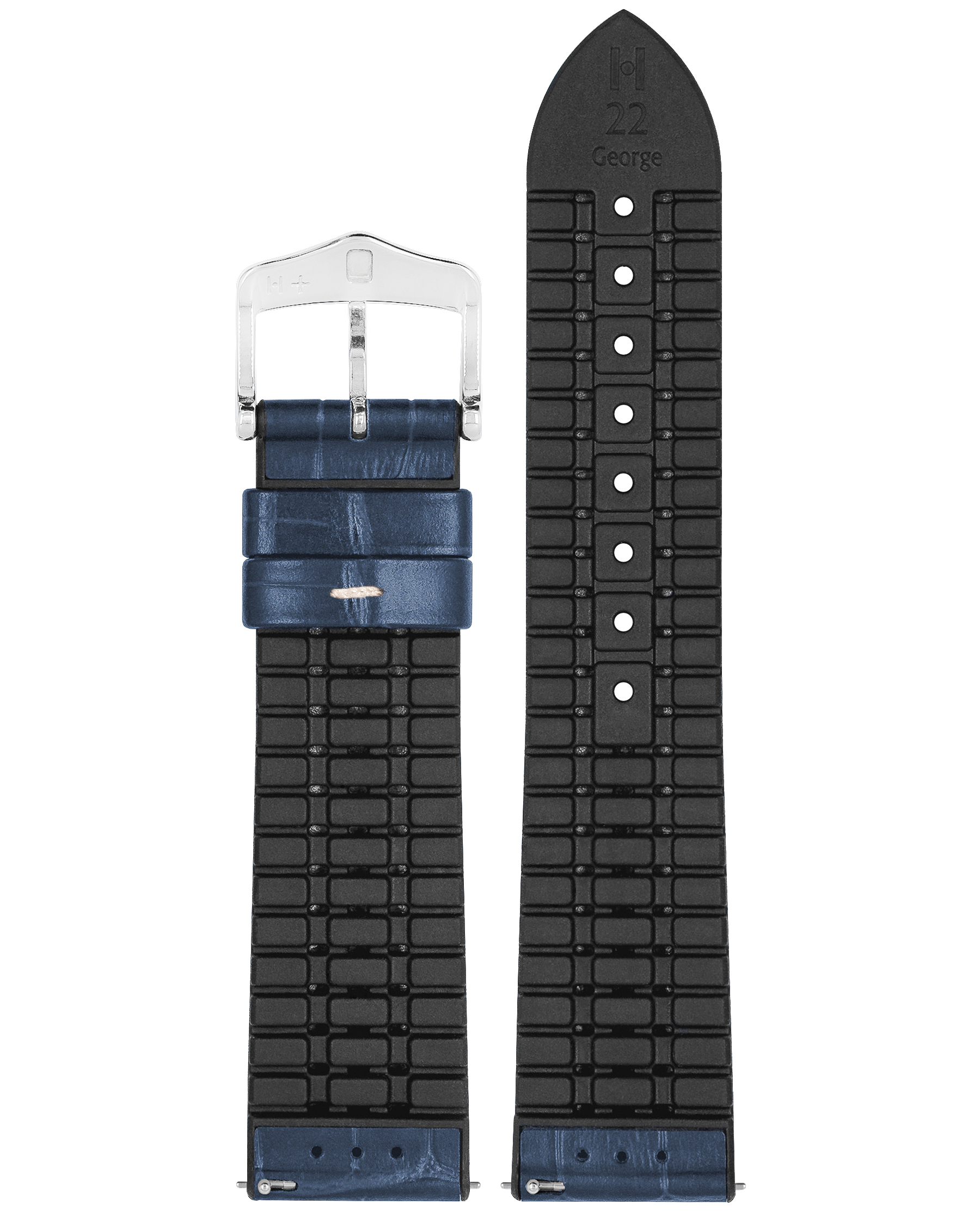 Blaues Leder-Uhrenarmband mit schwarzem Gummi und silberner Schnalle. Zweites Bandteil enthalten.