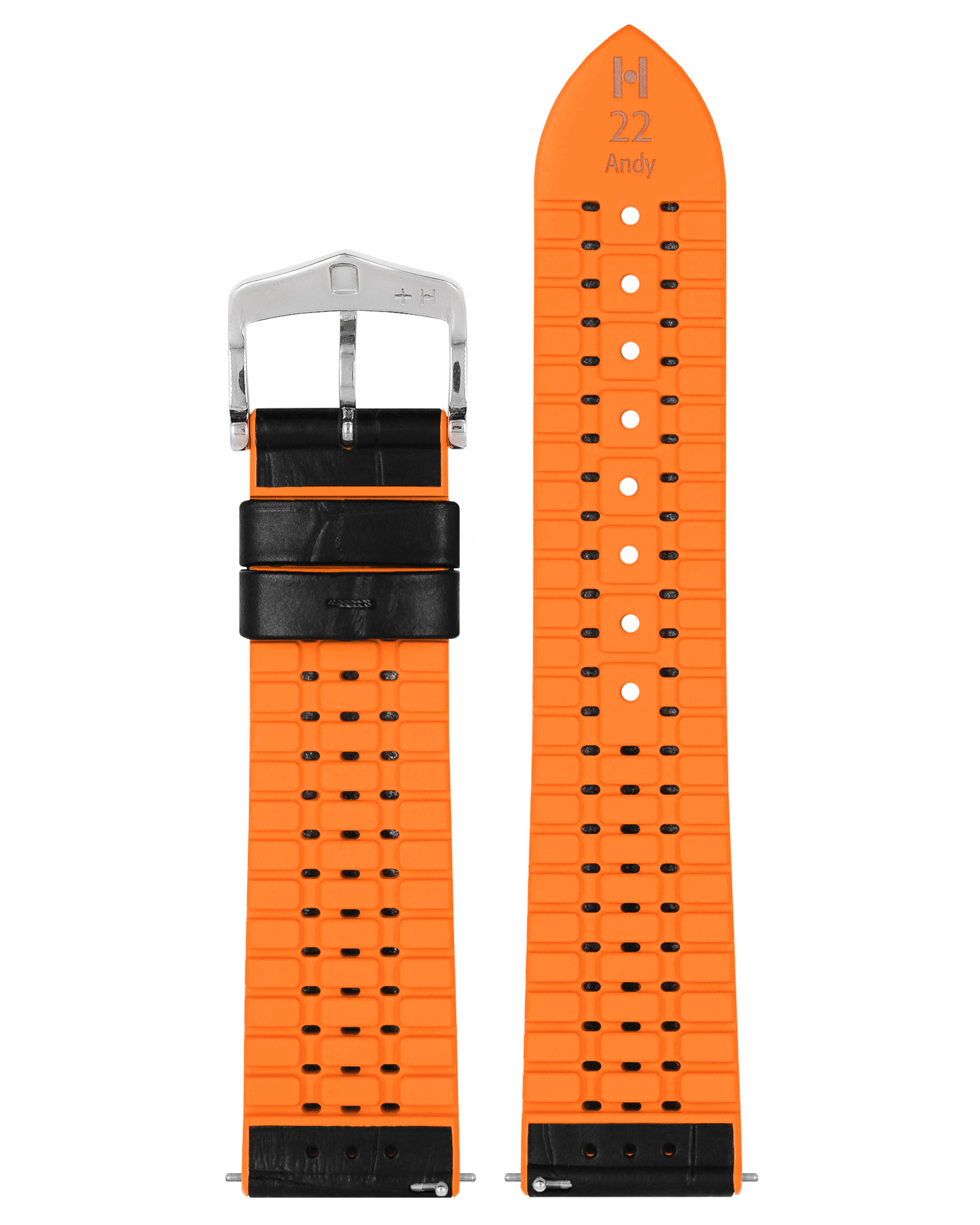 Oranges Uhrenarmband mit schwarzen Akzenten und silberner Schnalle. Zweites Bandteil enthalten.