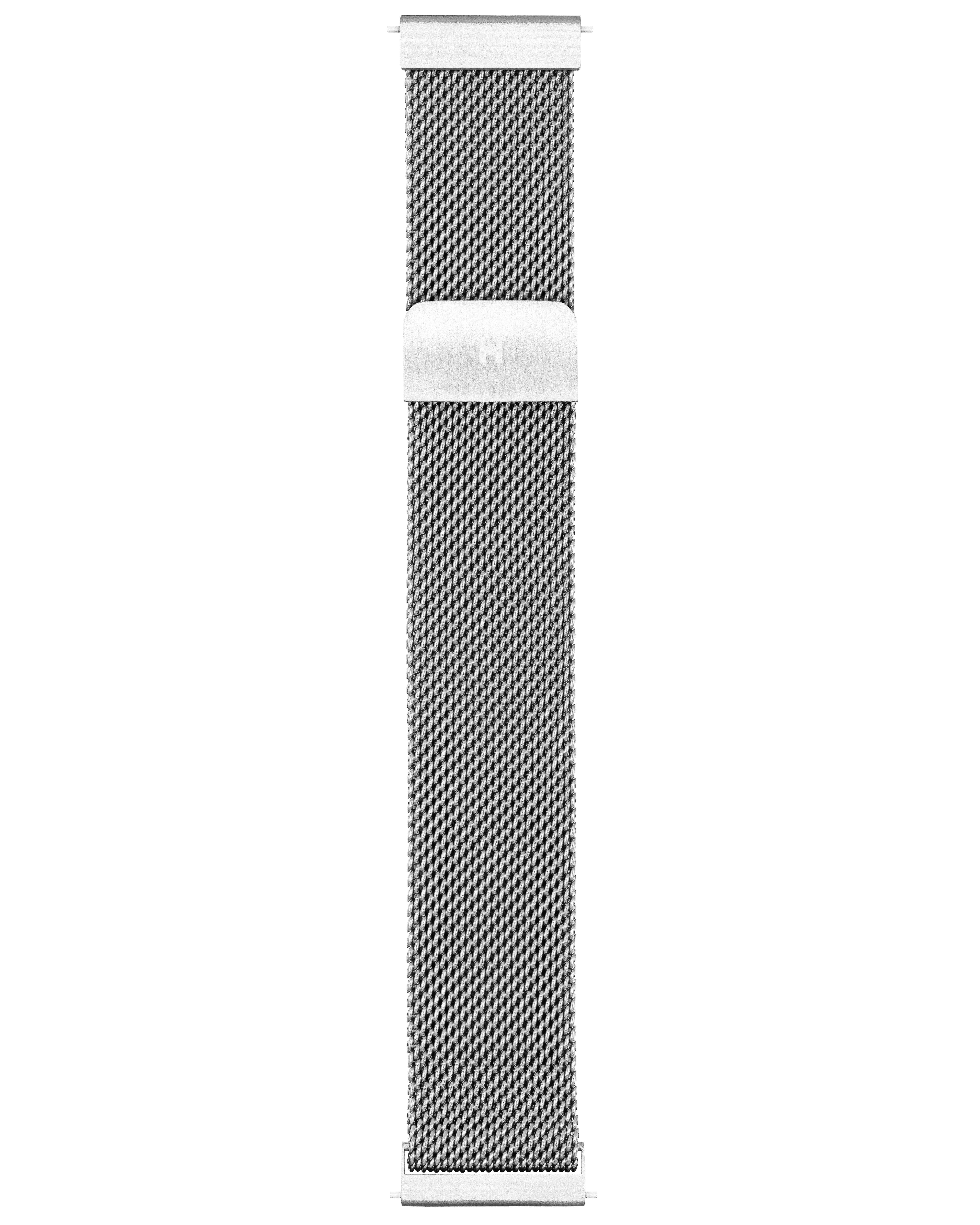 Silbernes Mesh-Uhrenarmband. Das Armband ist flach und horizontal. Weißer Hintergrund.