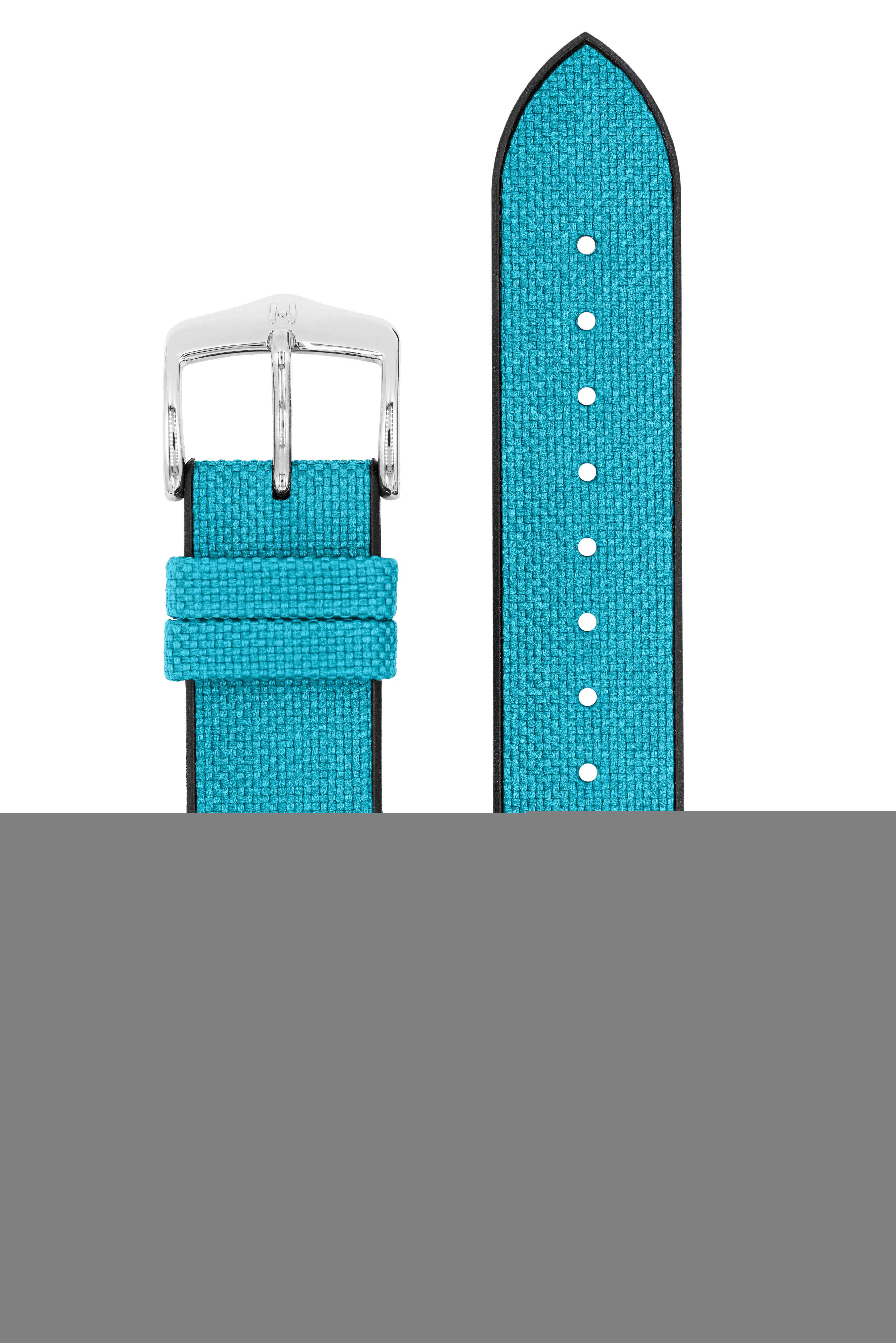 Türkisfarbenes Uhrenarmband mit silberner Schnalle. Weißer Hintergrund, zweites Bandteil enthalten.