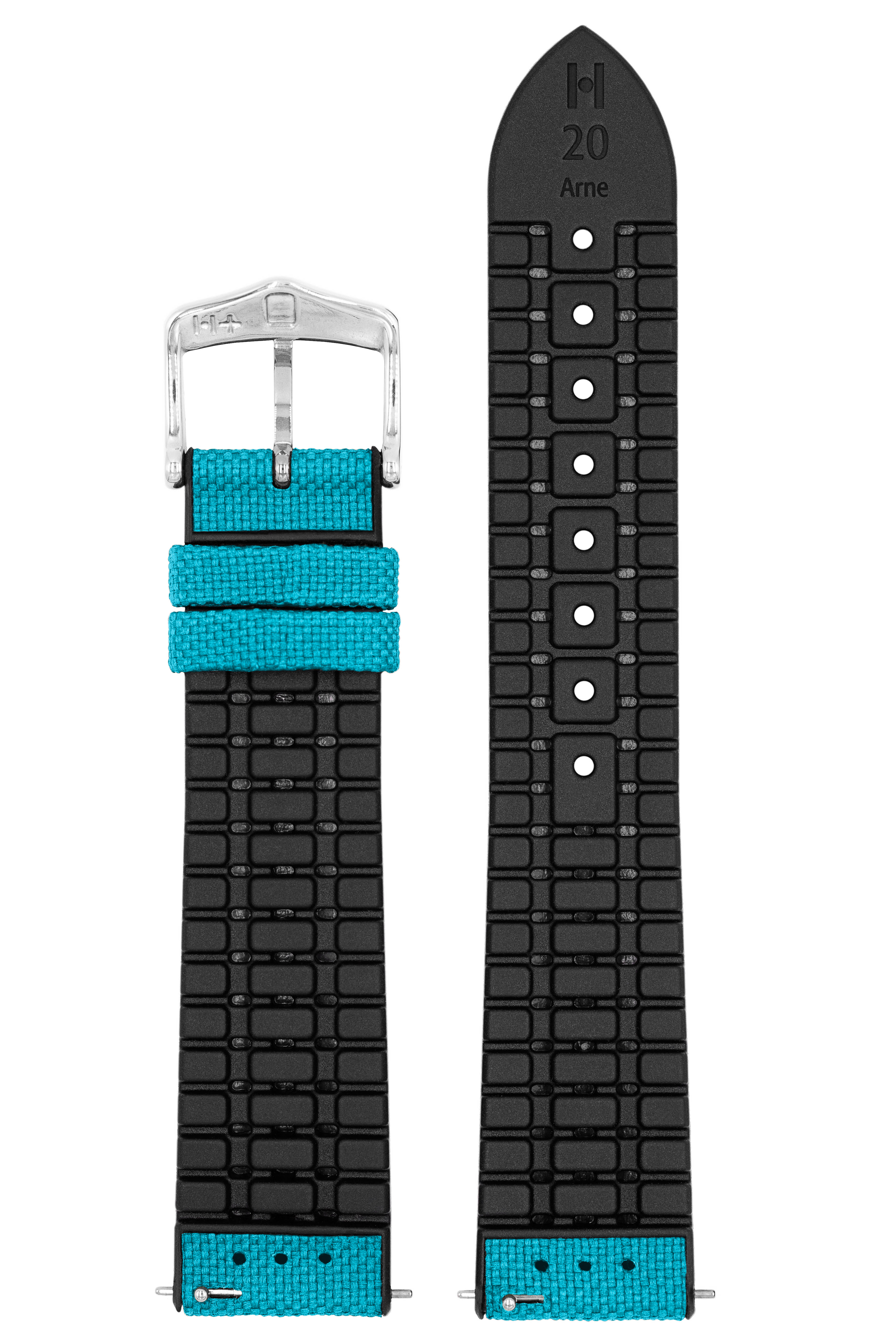 Türkisfarbenes Uhrenarmband mit schwarzem Gummi, silberner Schnalle. Zweites Bandteil enthalten.