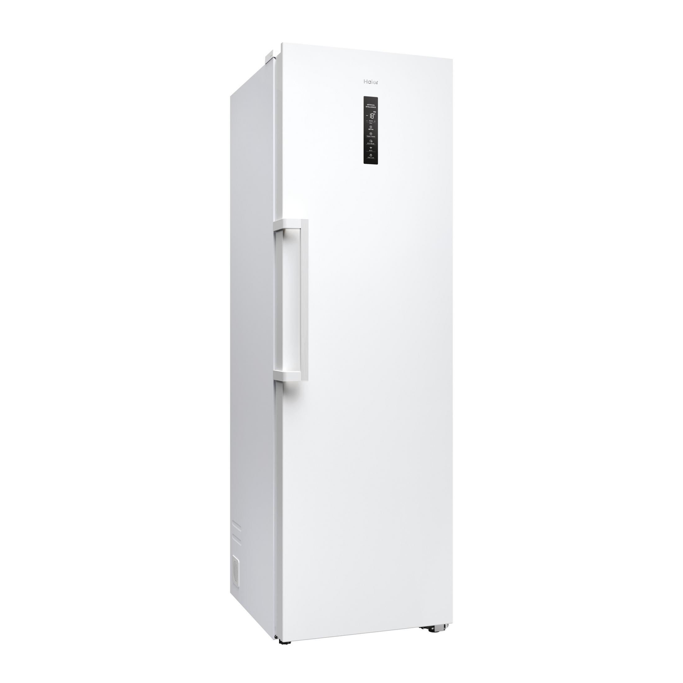 Weißer Haier Gefrierschrank, Winkelansicht, Tür, Griff, Display.